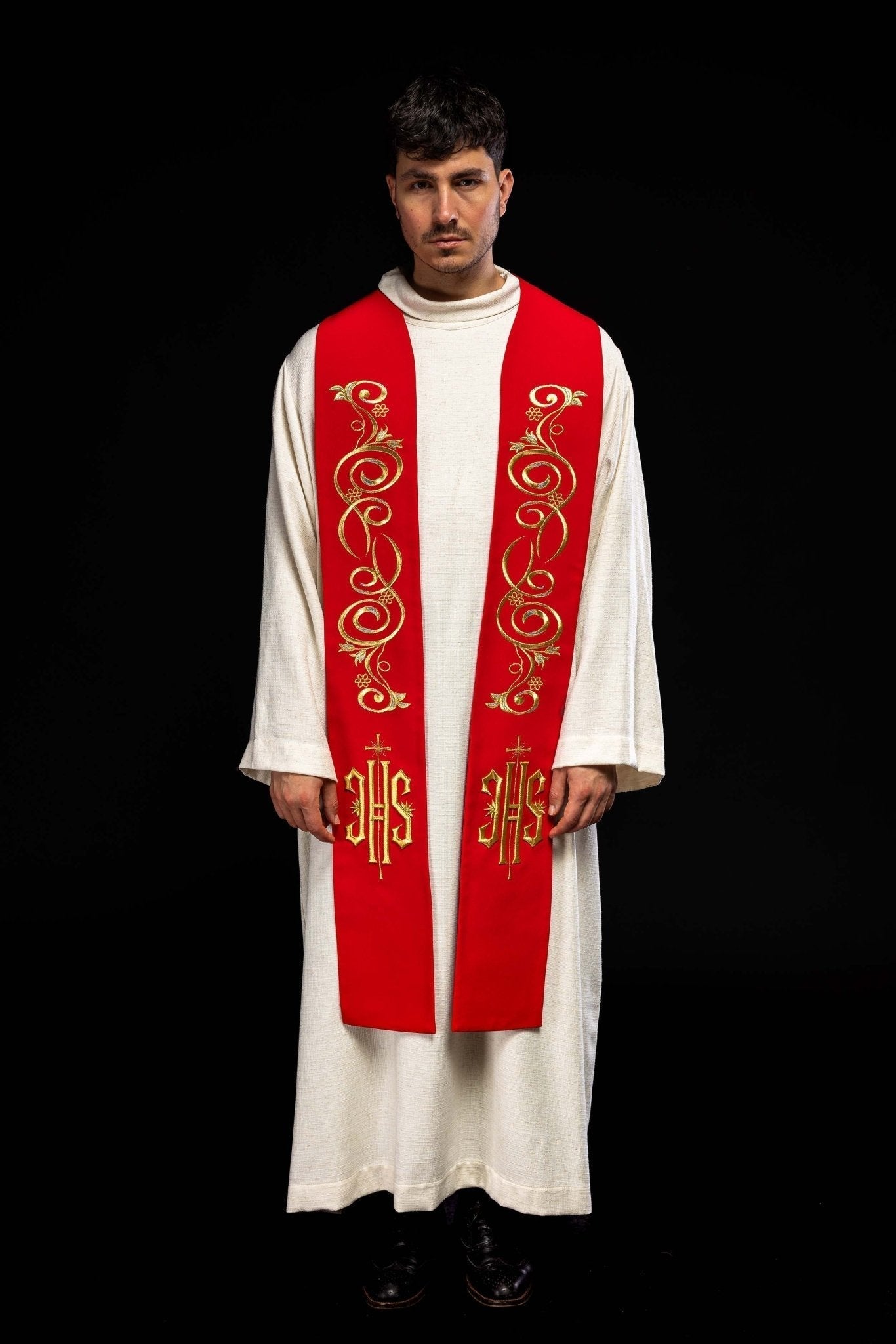 Estola sacerdotal bordada IHS vermelha