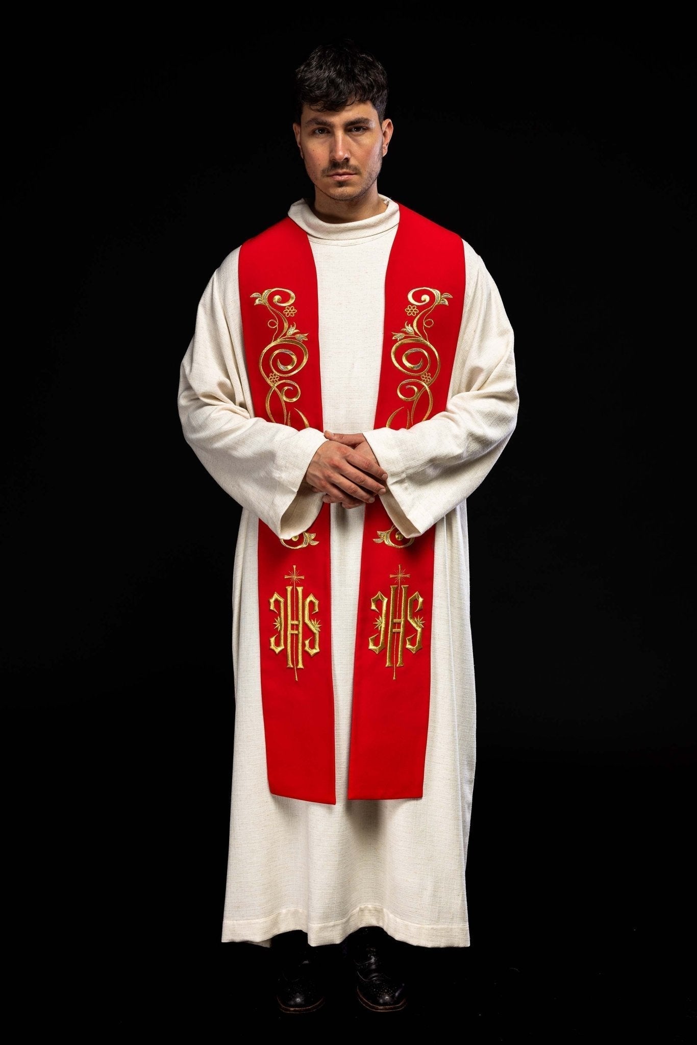 Estola sacerdotal bordada IHS vermelha