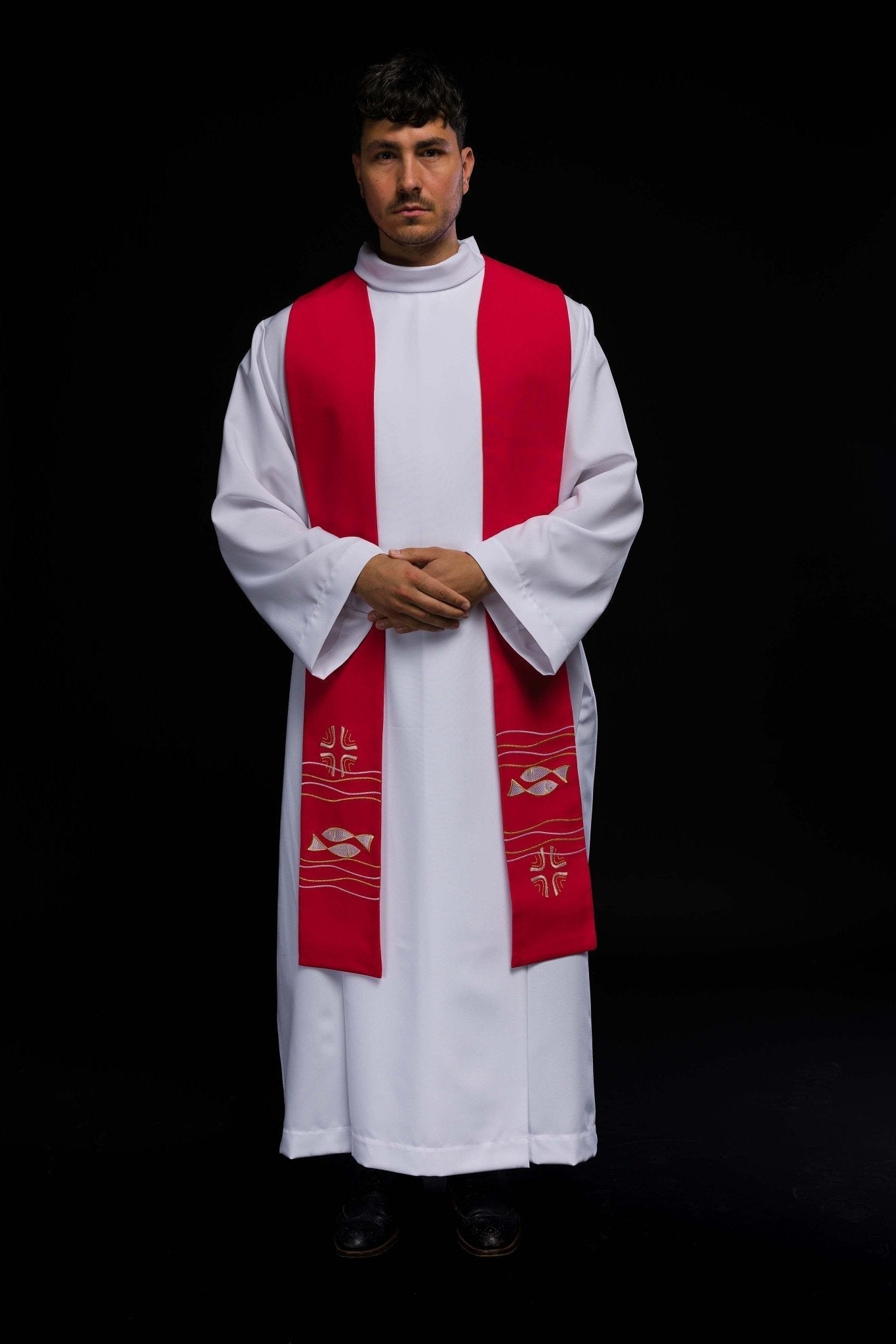 Estola sacerdotal bordada Alfa e Ômega vermelha