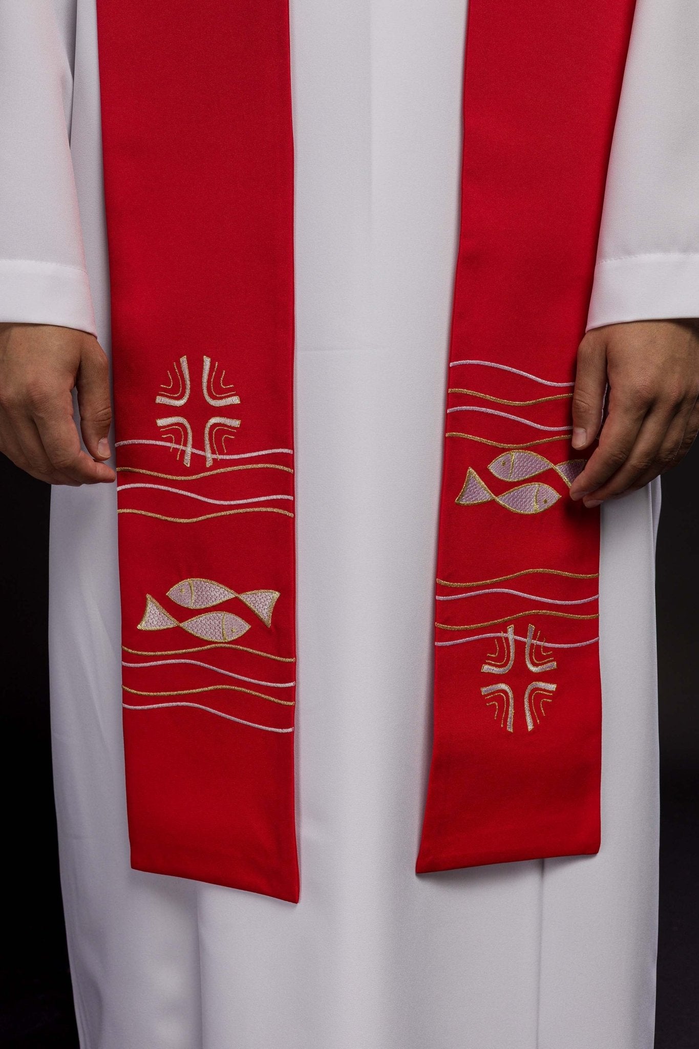 Estola sacerdotal bordada Alfa e Ômega vermelha