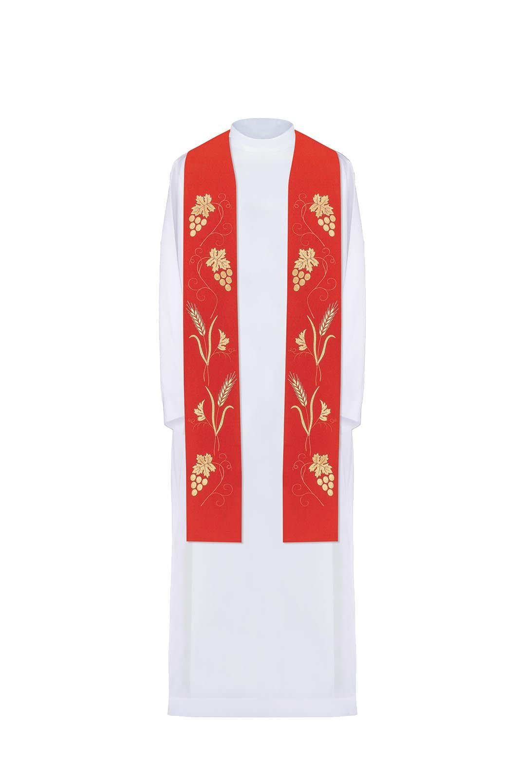 Estola sacerdotal vermelha com rico bordado de uvas e espigas de trigo