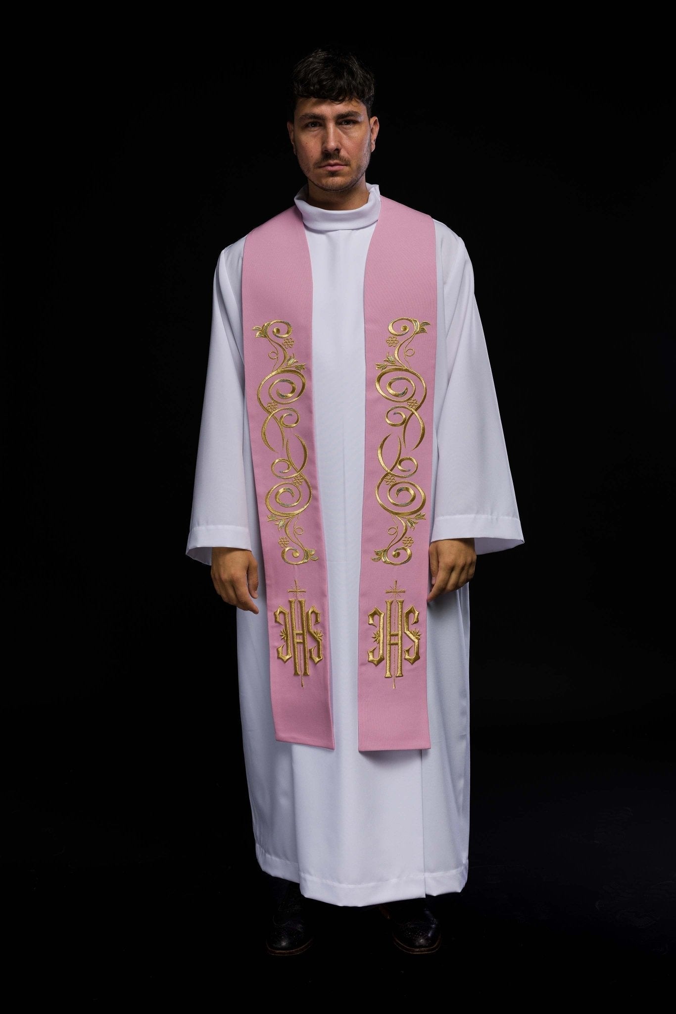 Estola sacerdotal bordada IHS rosa