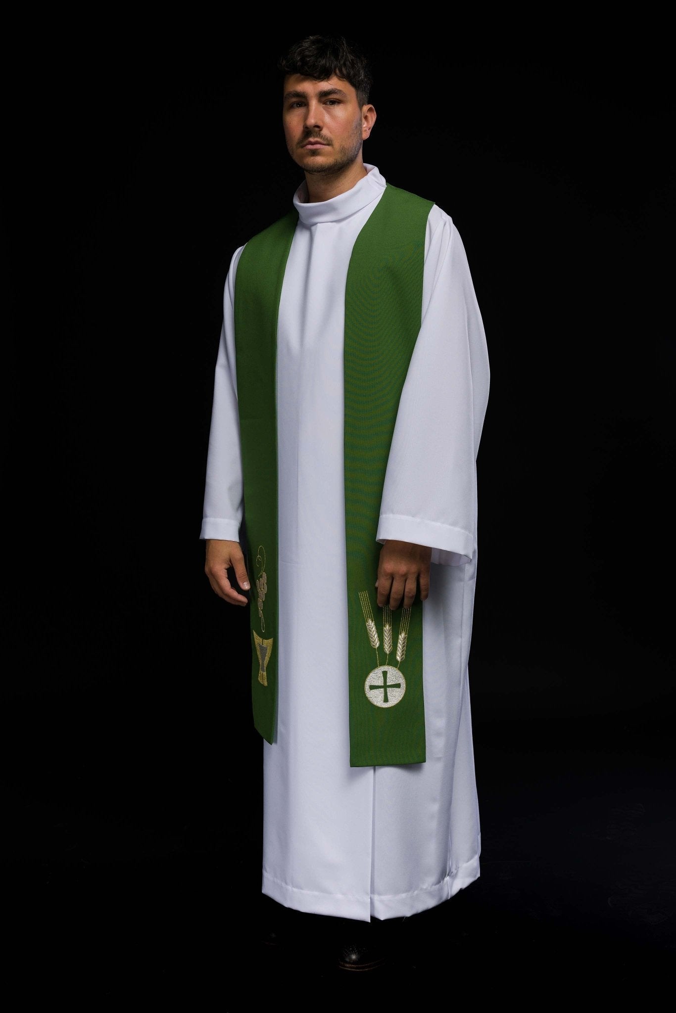 Estola sacerdotal verde bordada com Cálice, Espigas e Uvas