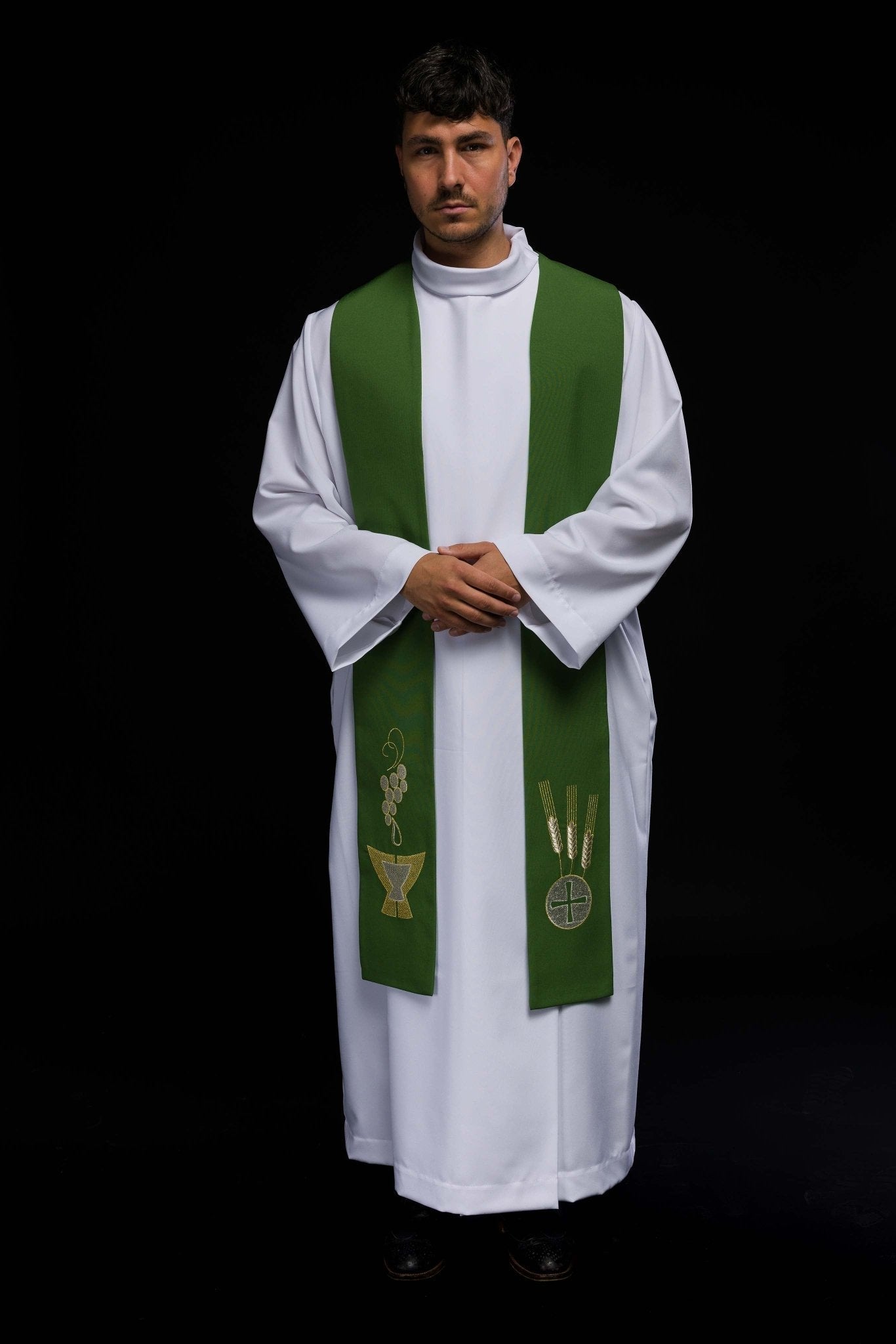 Estola sacerdotal verde bordada com Cálice, Espigas e Uvas