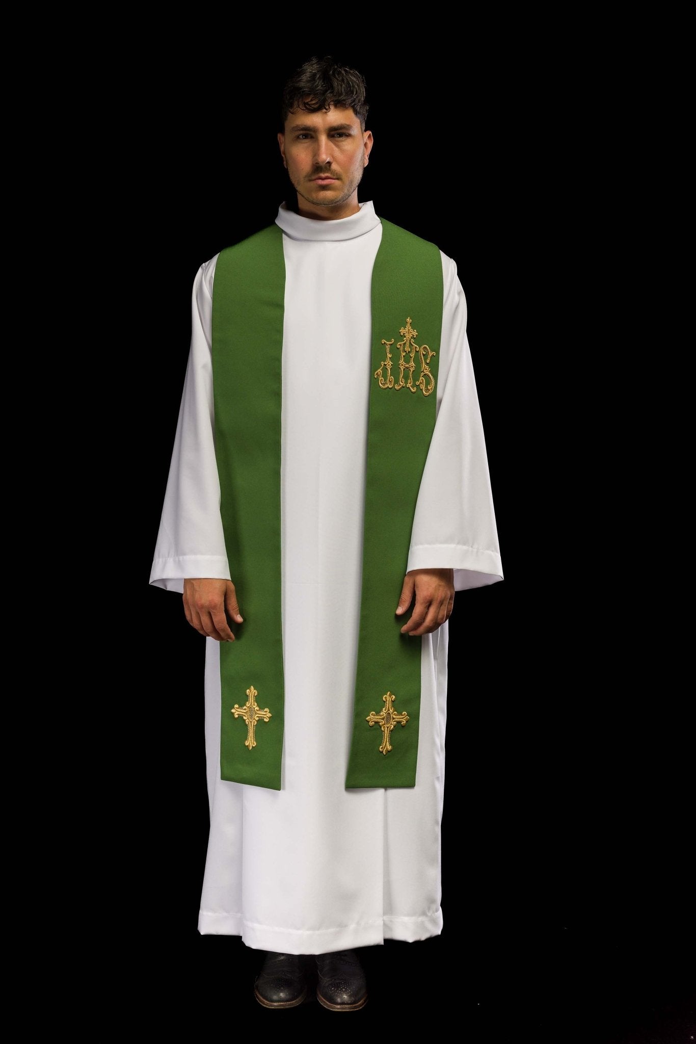 Estola sacerdotal verde bordada com cruz e IHS