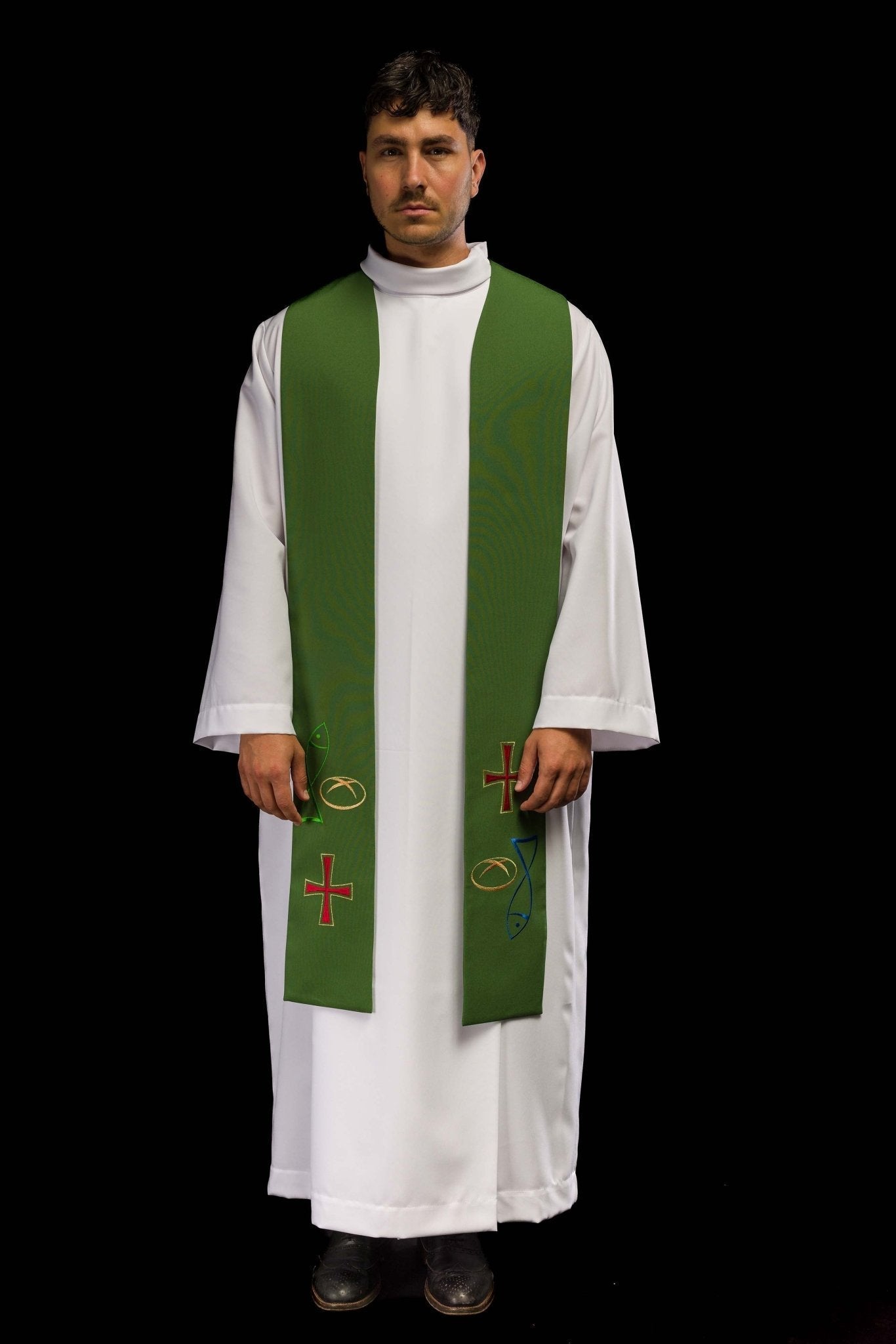 Estola sacerdotal verde bordada com motivo de Peixe, Pão e Cruz