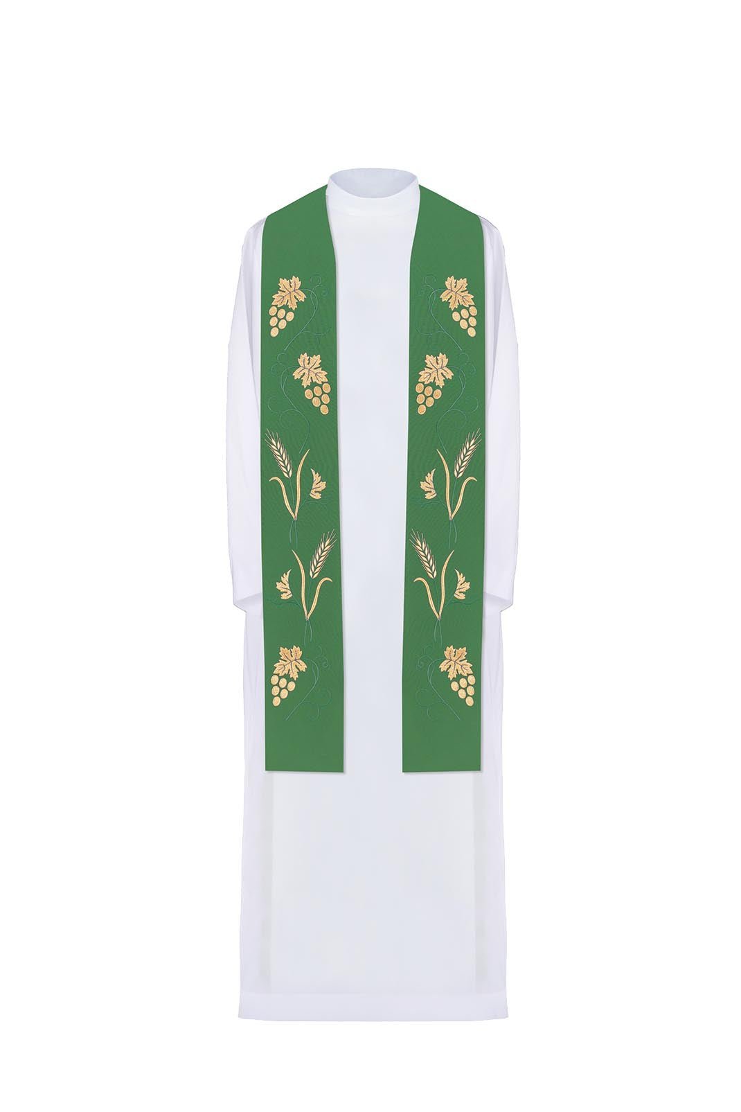 Estola sacerdotal verde com bordado rico de uvas e espigas