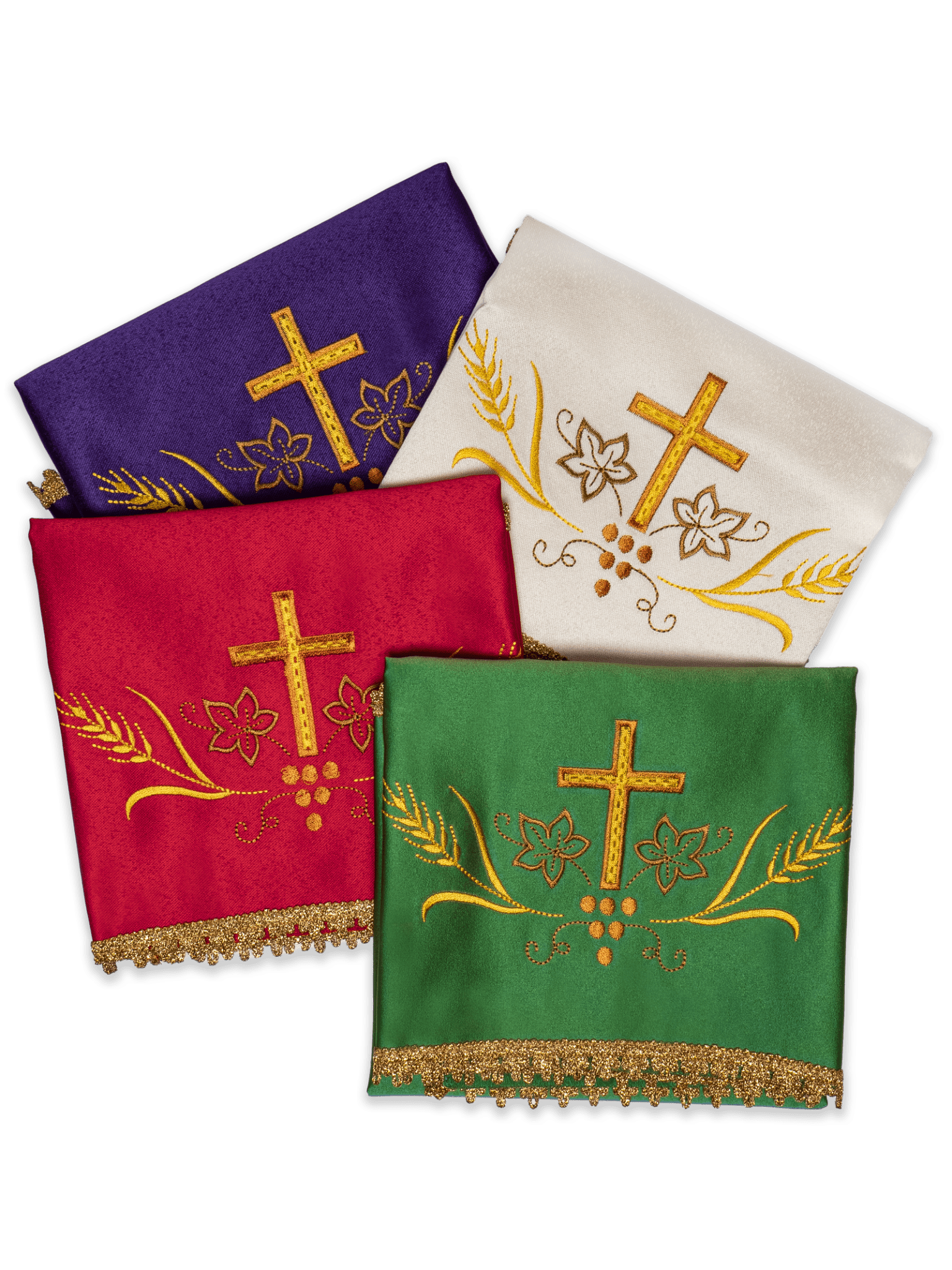 Conjunto de quatro véus de cálice com bordado dourado de cruz