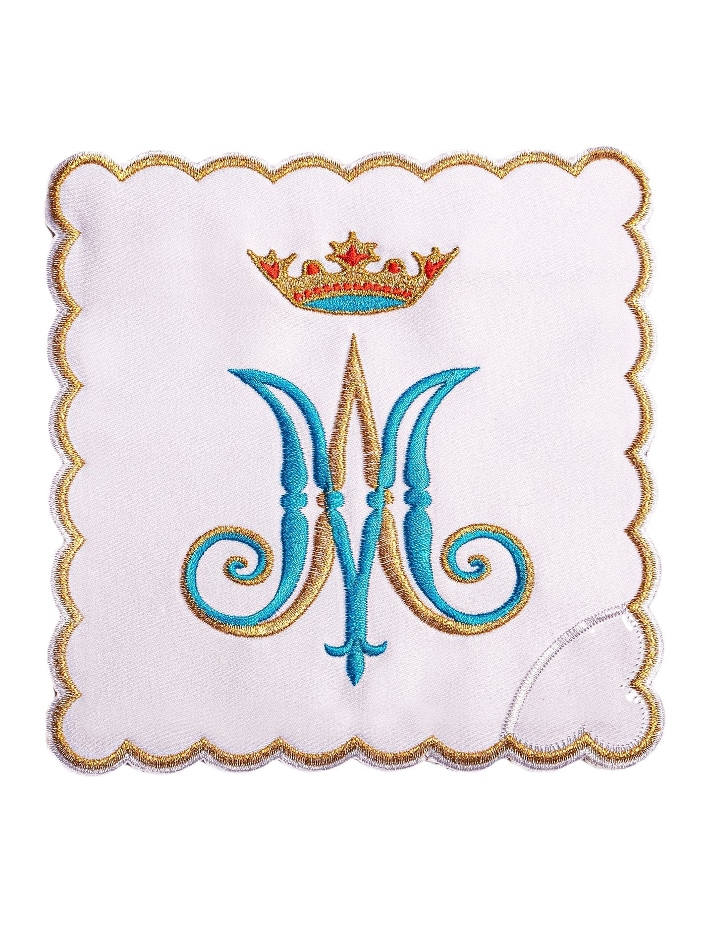 Conjunto de alfaias litúrgicas branco com bordado mariano em azul e dourado