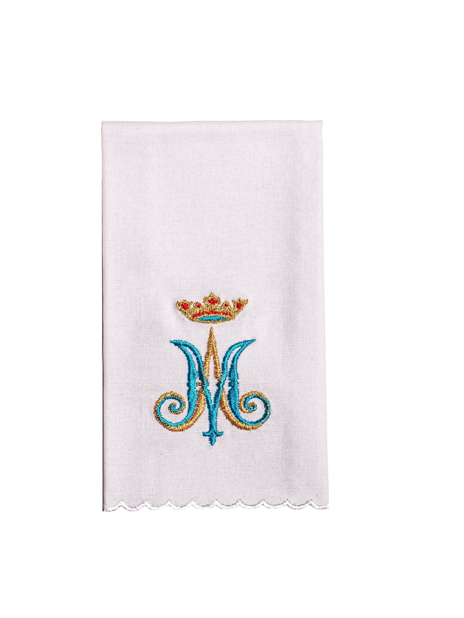 Conjunto de alfaias litúrgicas branco com bordado mariano em azul e dourado