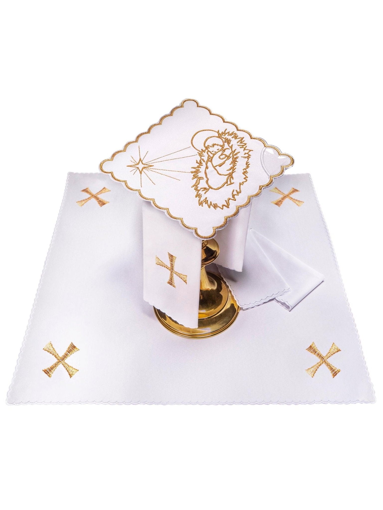 Conjunto de alfaias litúrgicas branco bordado com o Menino Jesus para o Natal