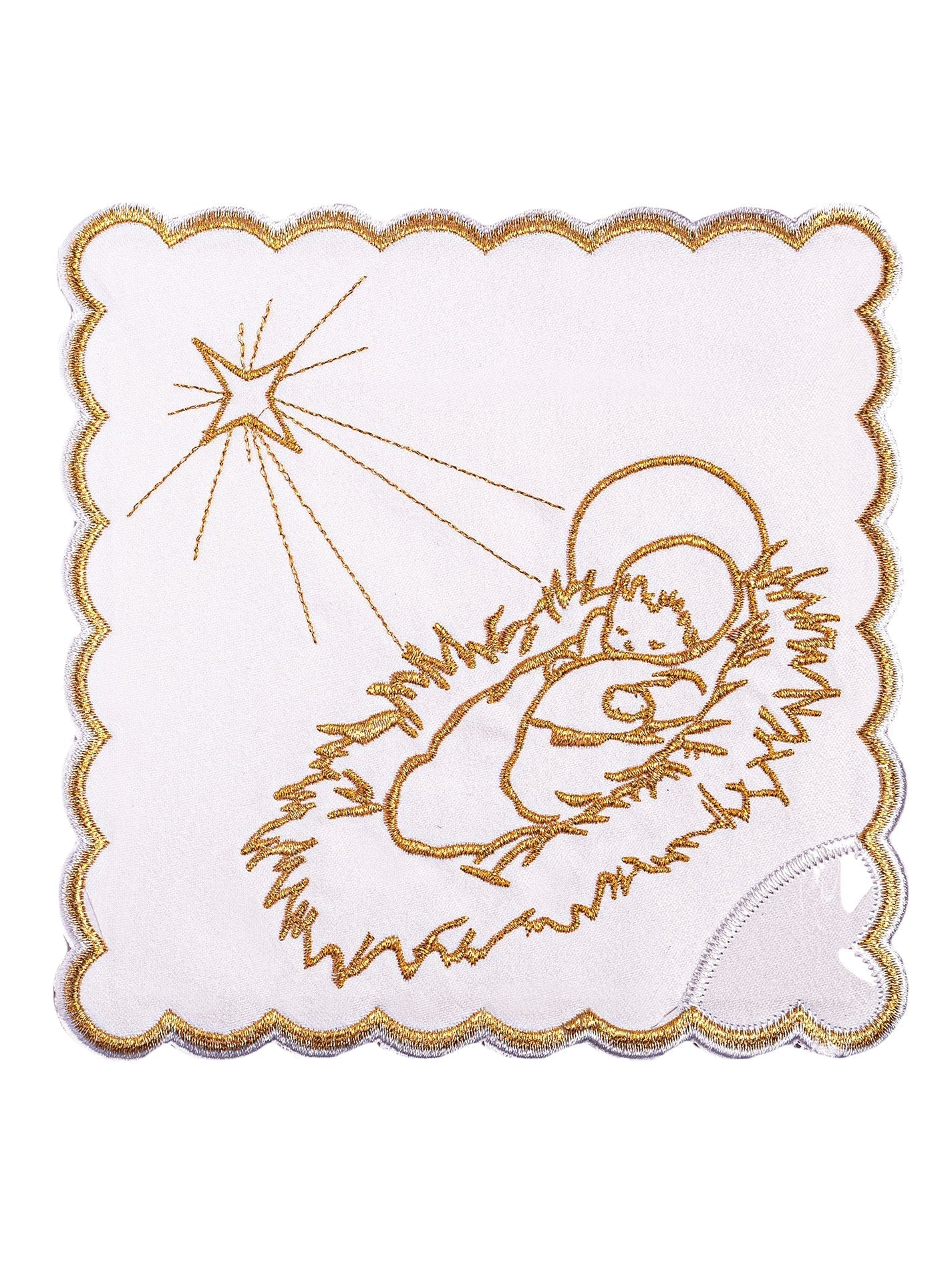Conjunto de alfaias litúrgicas branco bordado com o Menino Jesus para o Natal