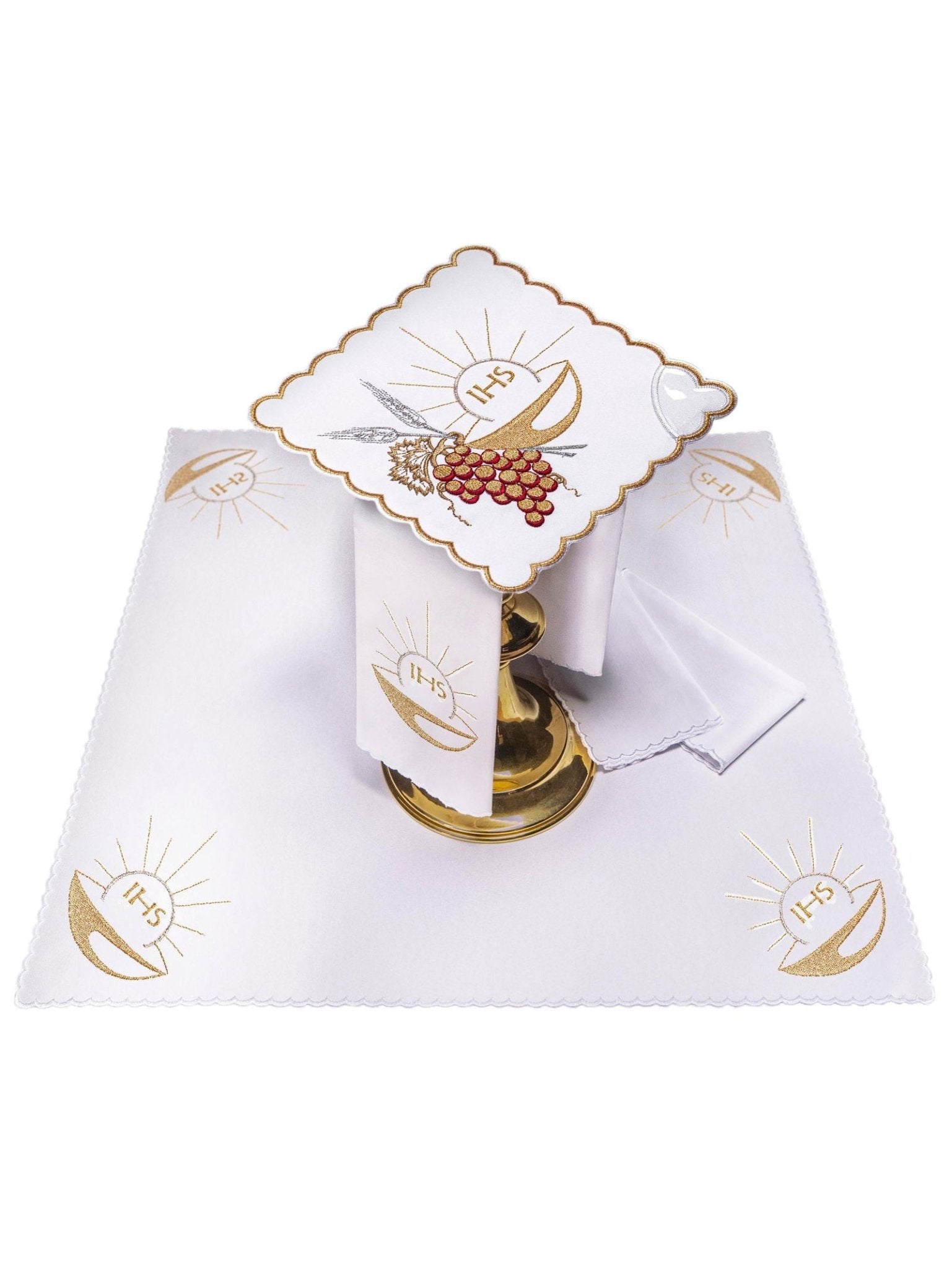 Conjunto de alfaias litúrgicas com bordado de cálice eucarístico - chasubles.com.br