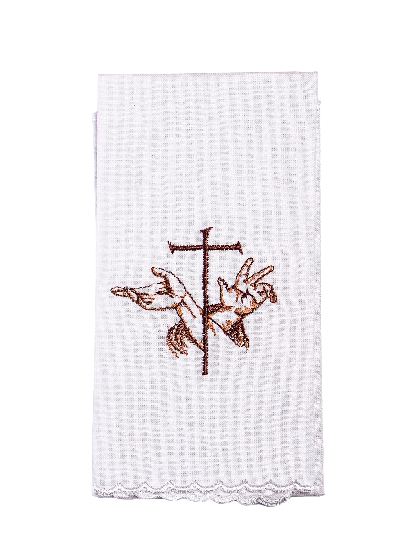 Conjunto de alfaias litúrgicas com símbolo franciscano, bordado de cruz e mãos de Jesus.