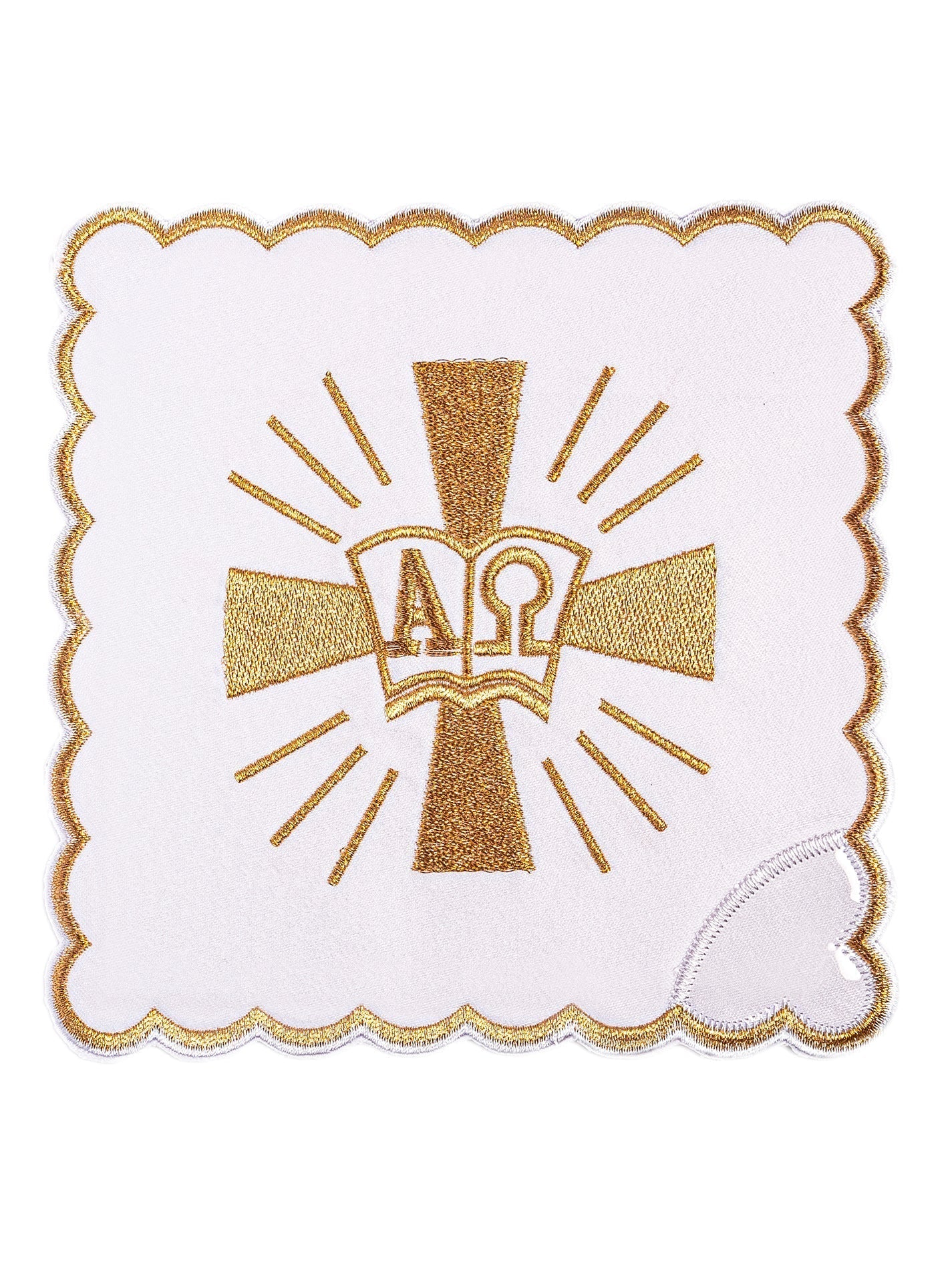 Conjunto de alfaias litúrgicas branco com bordado de Cruz e Alfa e Ômega