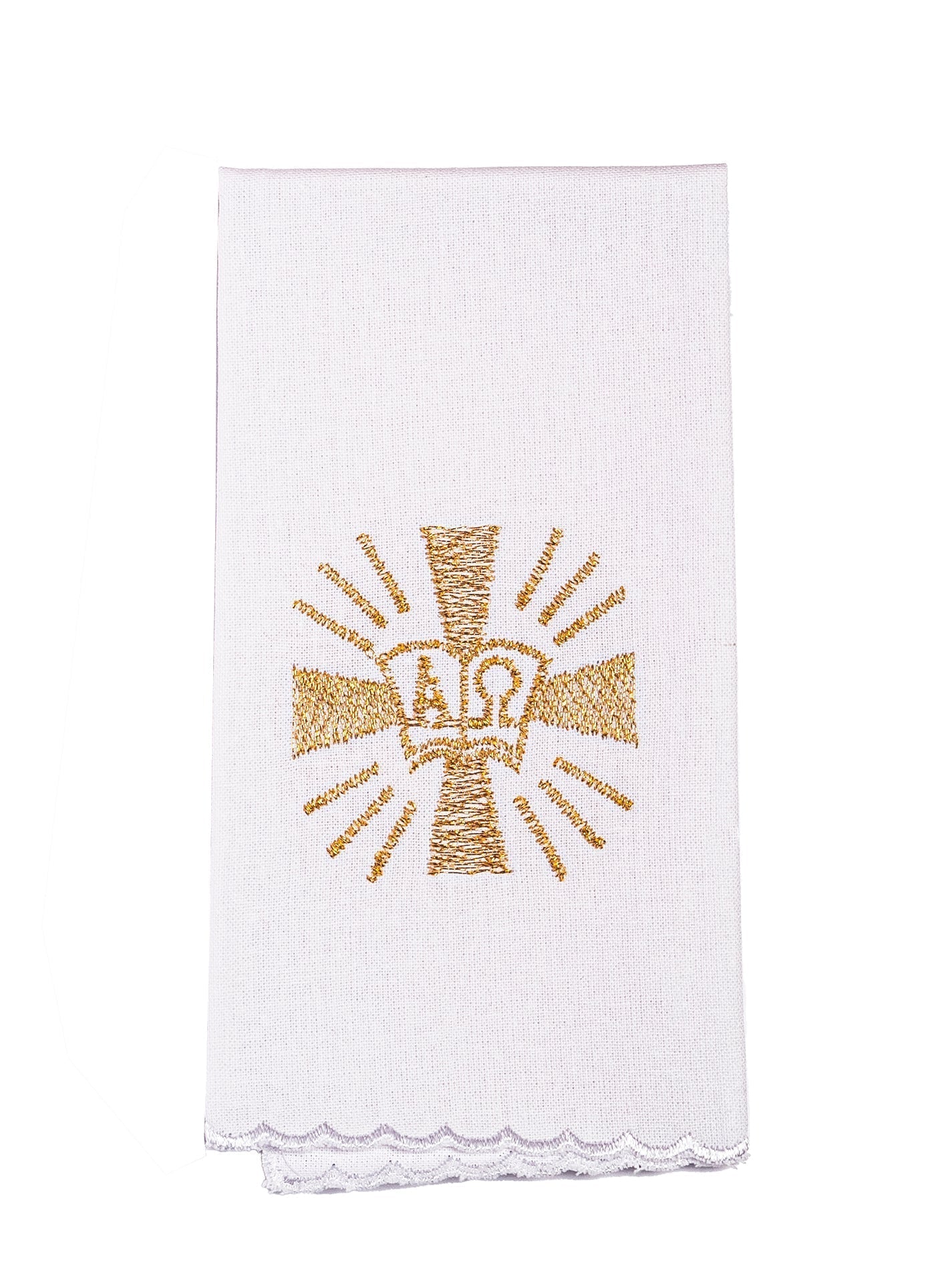 Conjunto de alfaias litúrgicas branco com bordado de Cruz e Alfa e Ômega