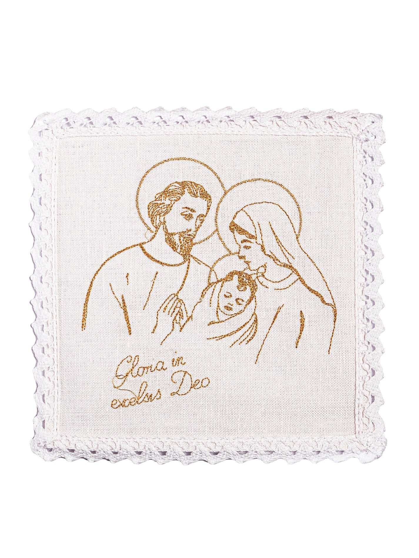 Conjunto de alfaias litúrgicas em linho branco, bordado com a Sagrada Família e cruzes douradas, para o Natal.