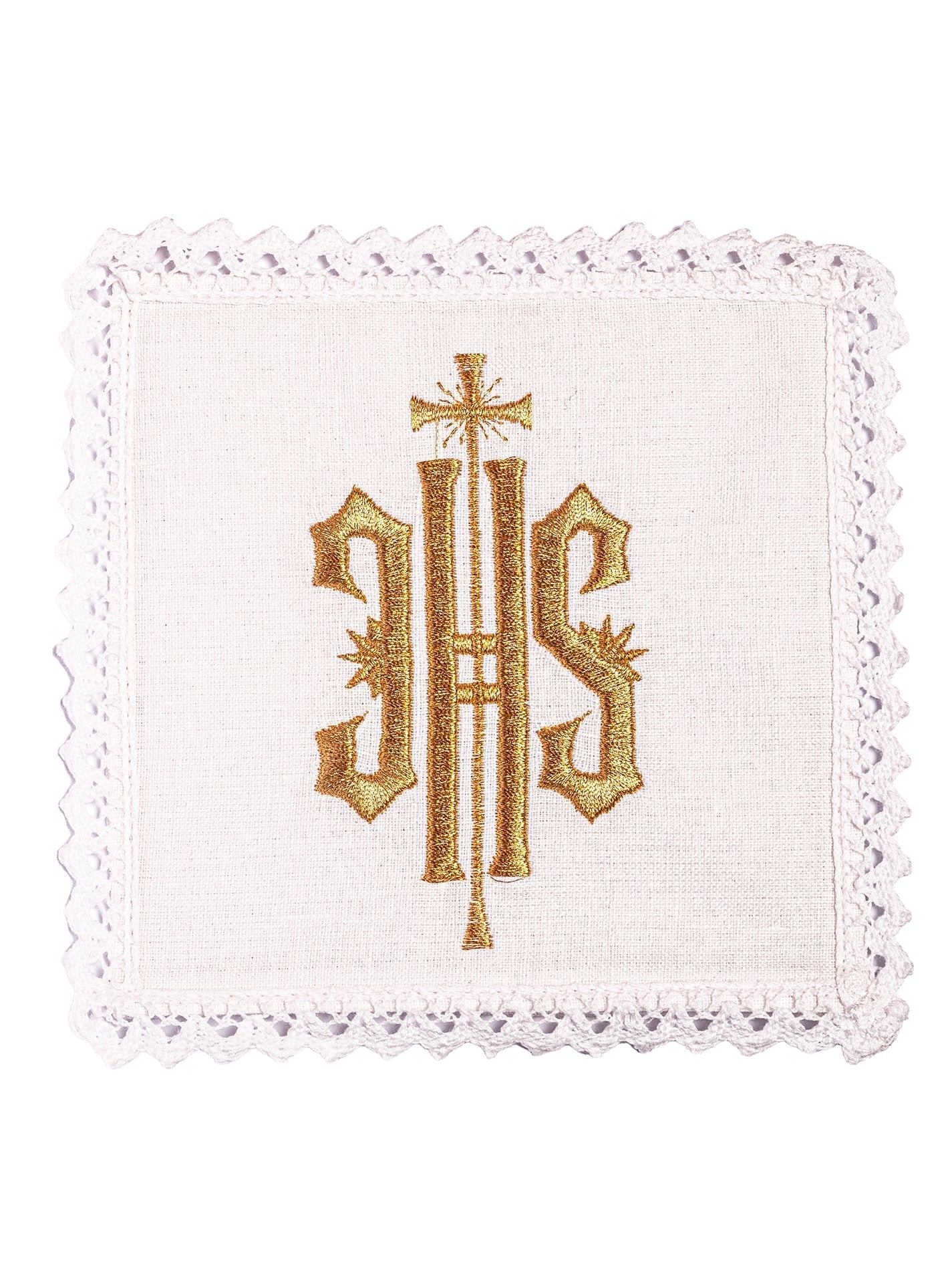 Conjunto de alfaias litúrgicas em linho branco, bordado com o símbolo IHS dourado.