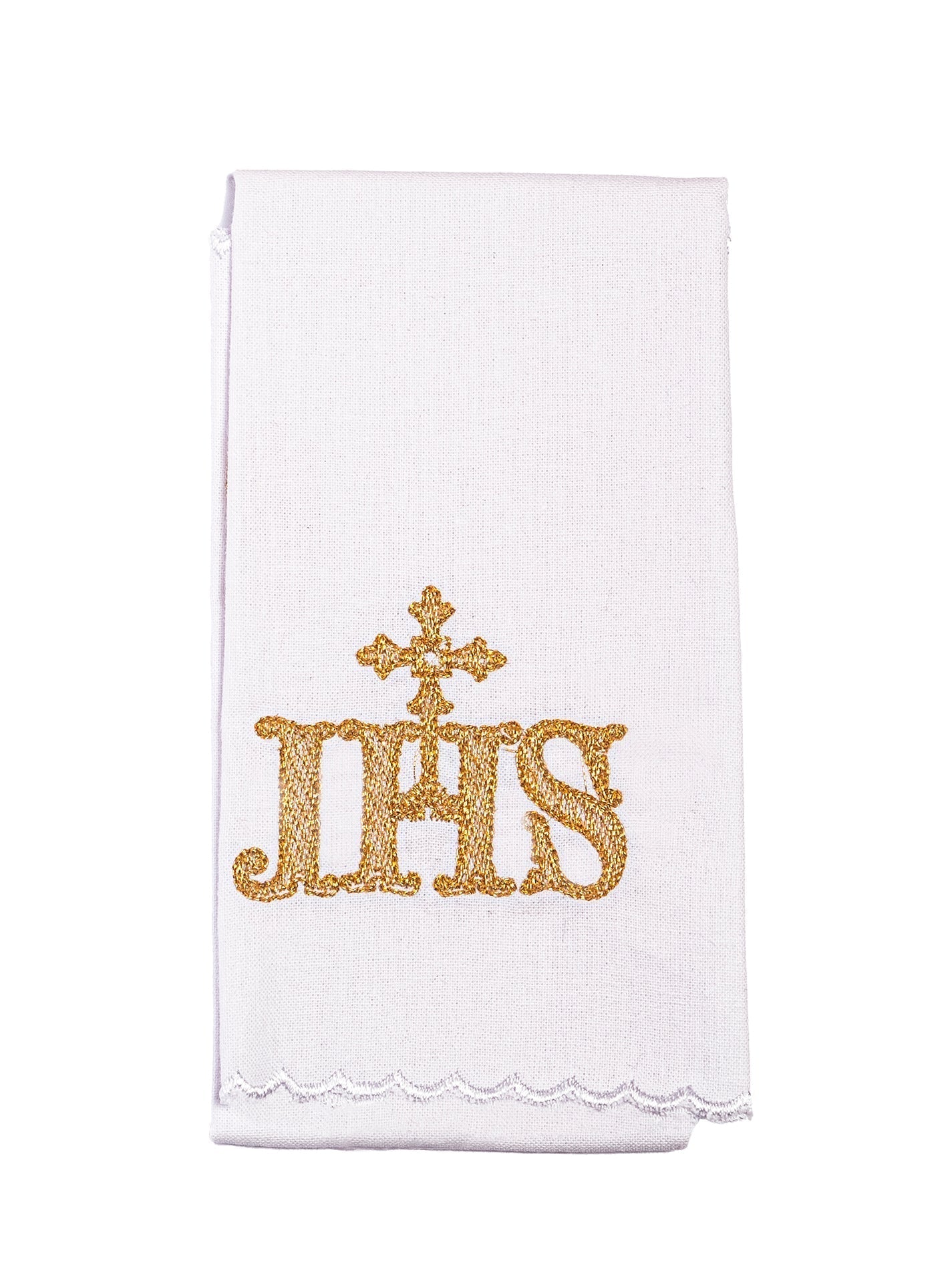 Conjunto de alfaias litúrgicas em linho branco com bordado dourado IHS.