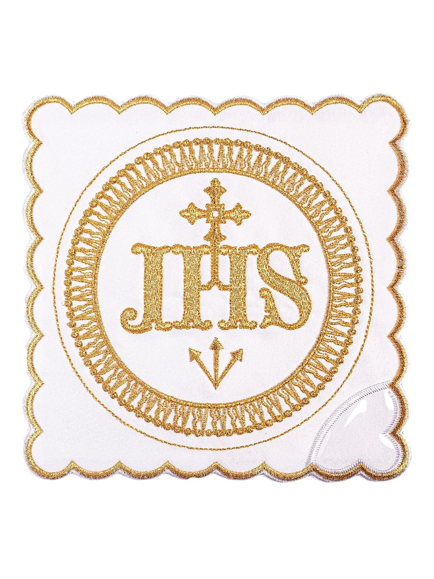 Conjunto de alfaias litúrgicas em linho branco com bordado dourado IHS.
