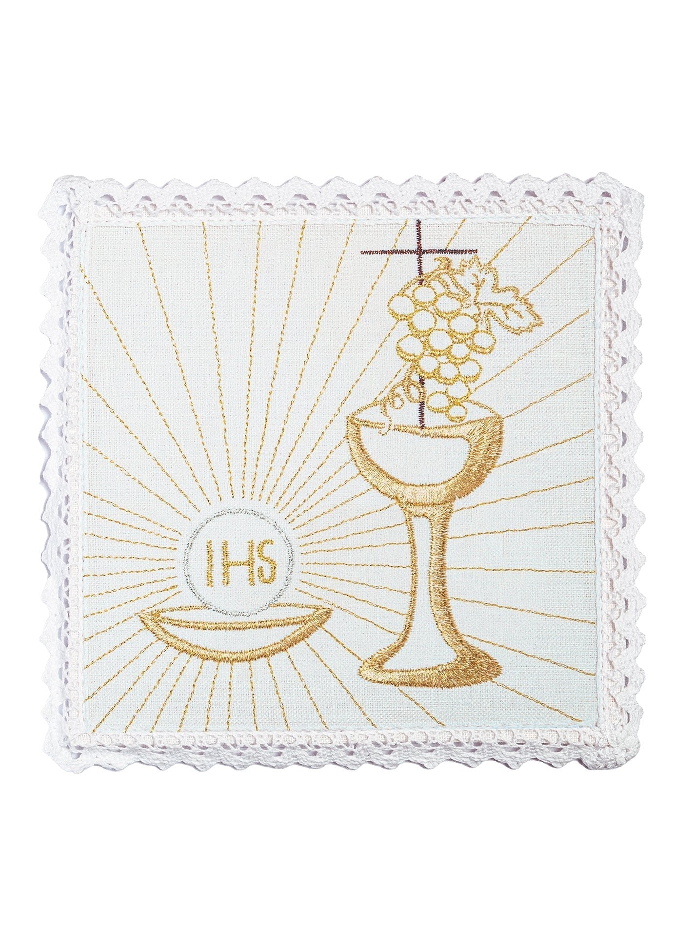 Conjunto de alfaias litúrgicas em linho branco com bordado dourado de cálice e hóstia