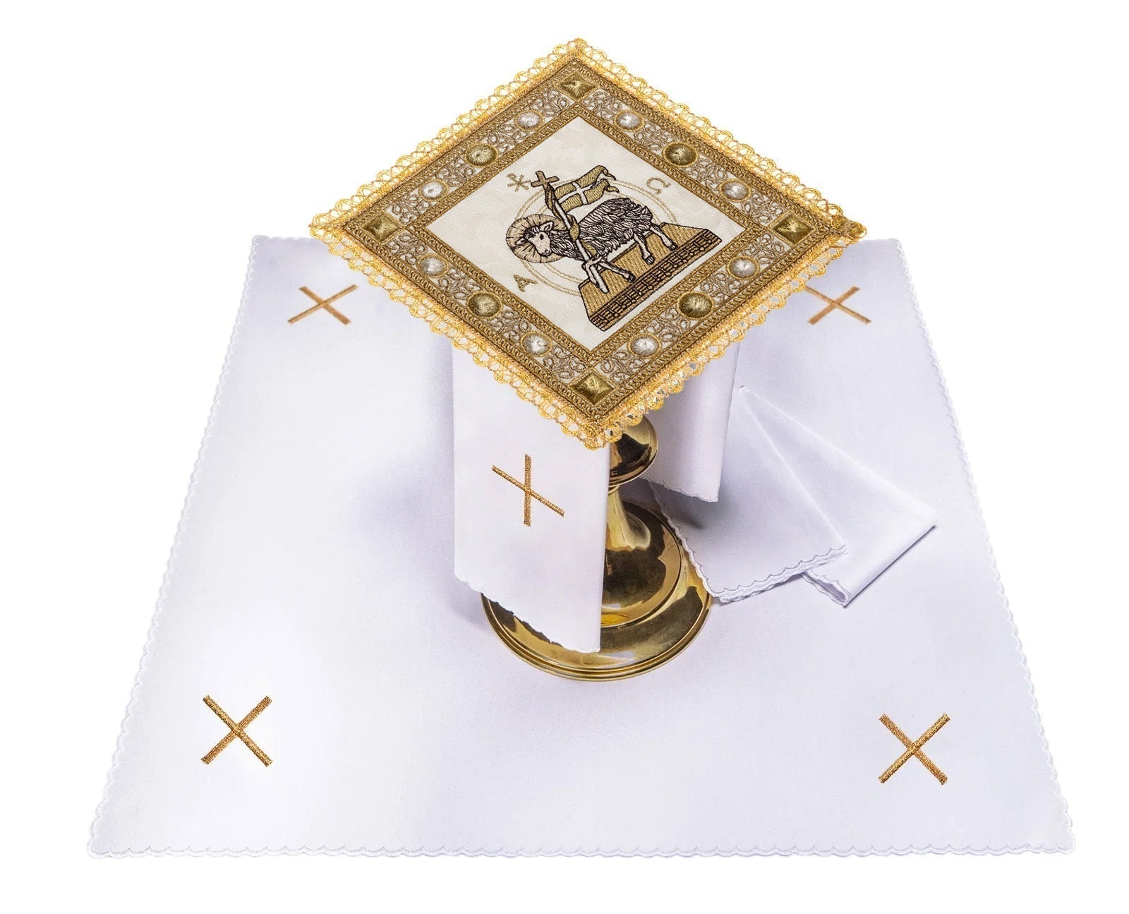 Conjunto de alfaias litúrgicas de quatro peças, ideal como oferta de altar ou presente para o sacerdote.