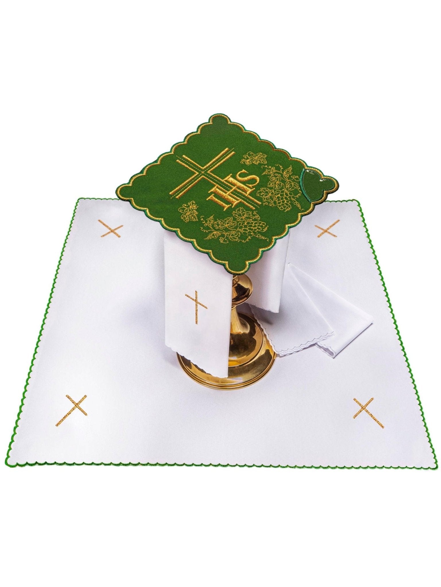 Conjunto de alfaias litúrgicas verde com bordado IHS dourado