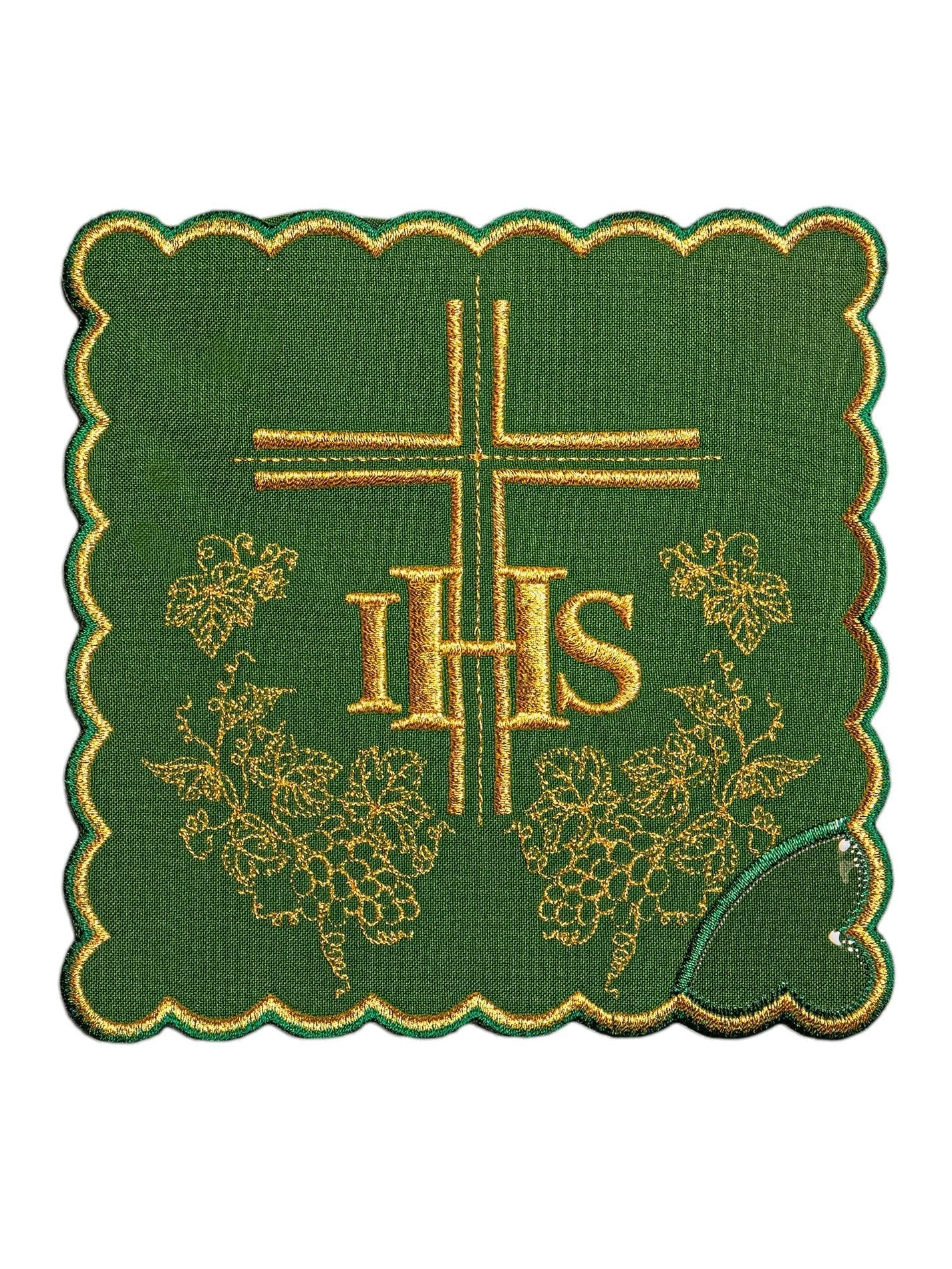 Conjunto de alfaias litúrgicas verde com bordado IHS dourado