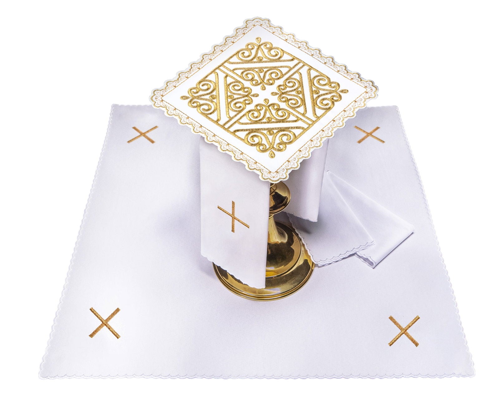 Conjunto de alfaias litúrgicas com motivo de cruz em bordado dourado