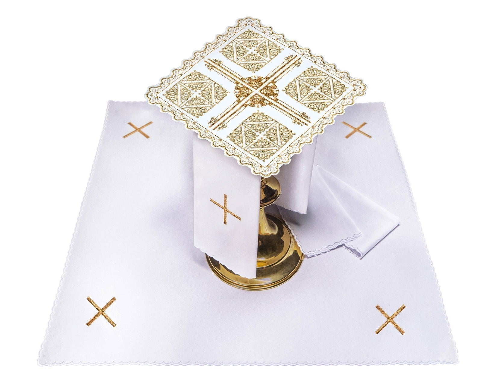 Conjunto de alfaias litúrgicas branco com cruz e bordado dourado