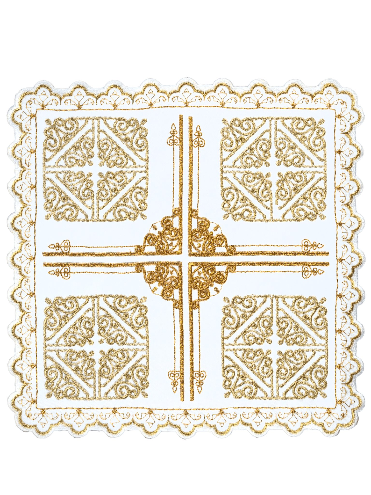 Conjunto de alfaias litúrgicas branco com cruz e bordado dourado
