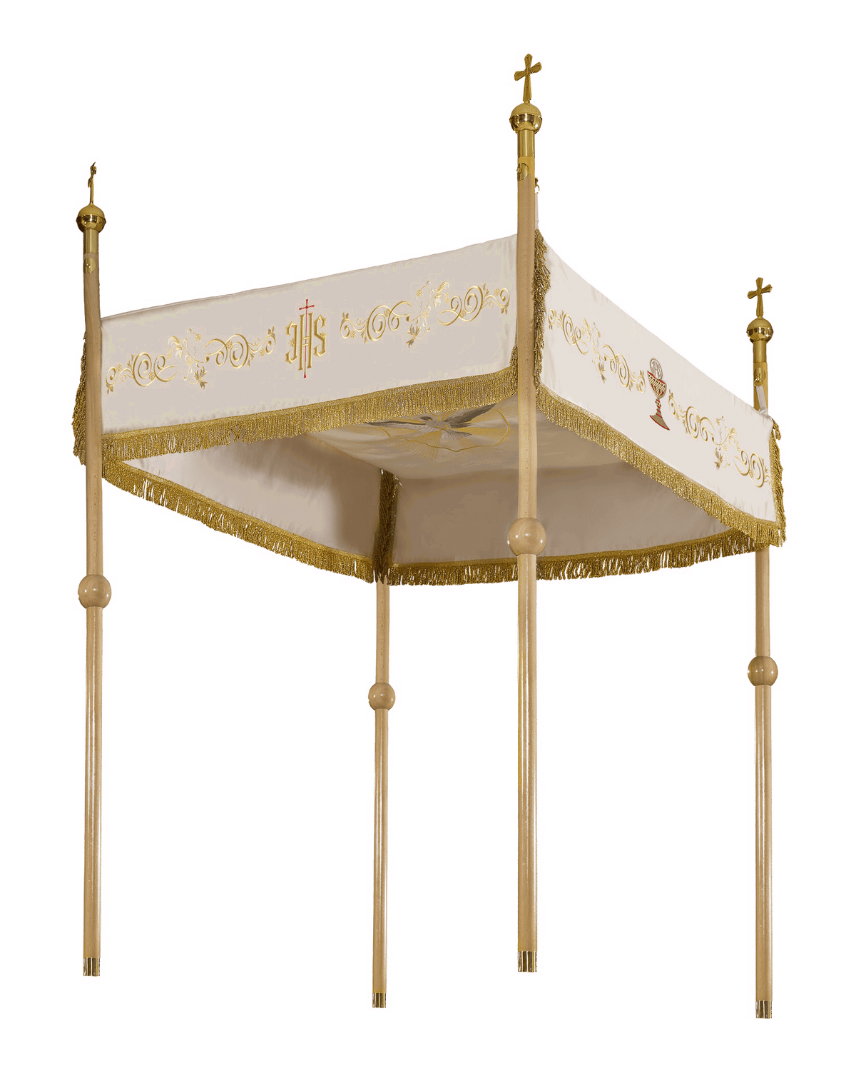 Pálio processional creme para Corpus Christi, bordado de Cordeiro, IHS e cálice, 140 x 160 cm, vista geral