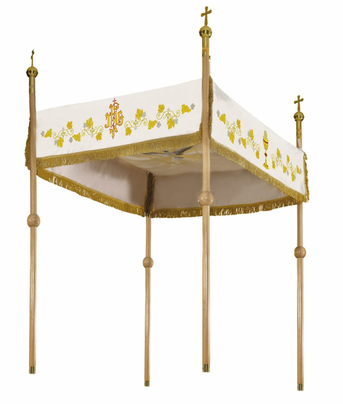 Pálio litúrgico em marfim ecru para Corpus Christi com bordado dourado, vista frontal com franjas