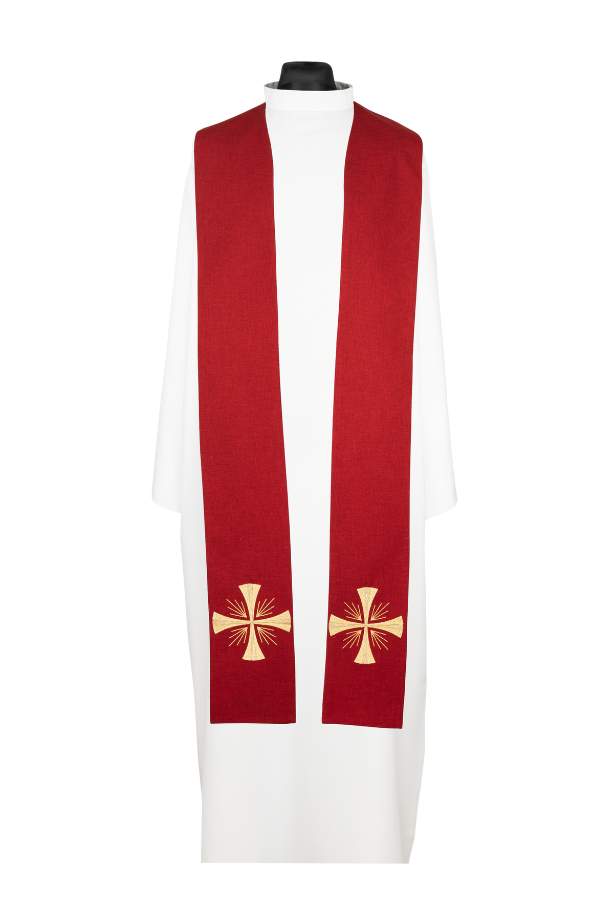 Estola sacerdotal vermelha bordada com cruz, vista frontal com duas cruzes douradas nas pontas