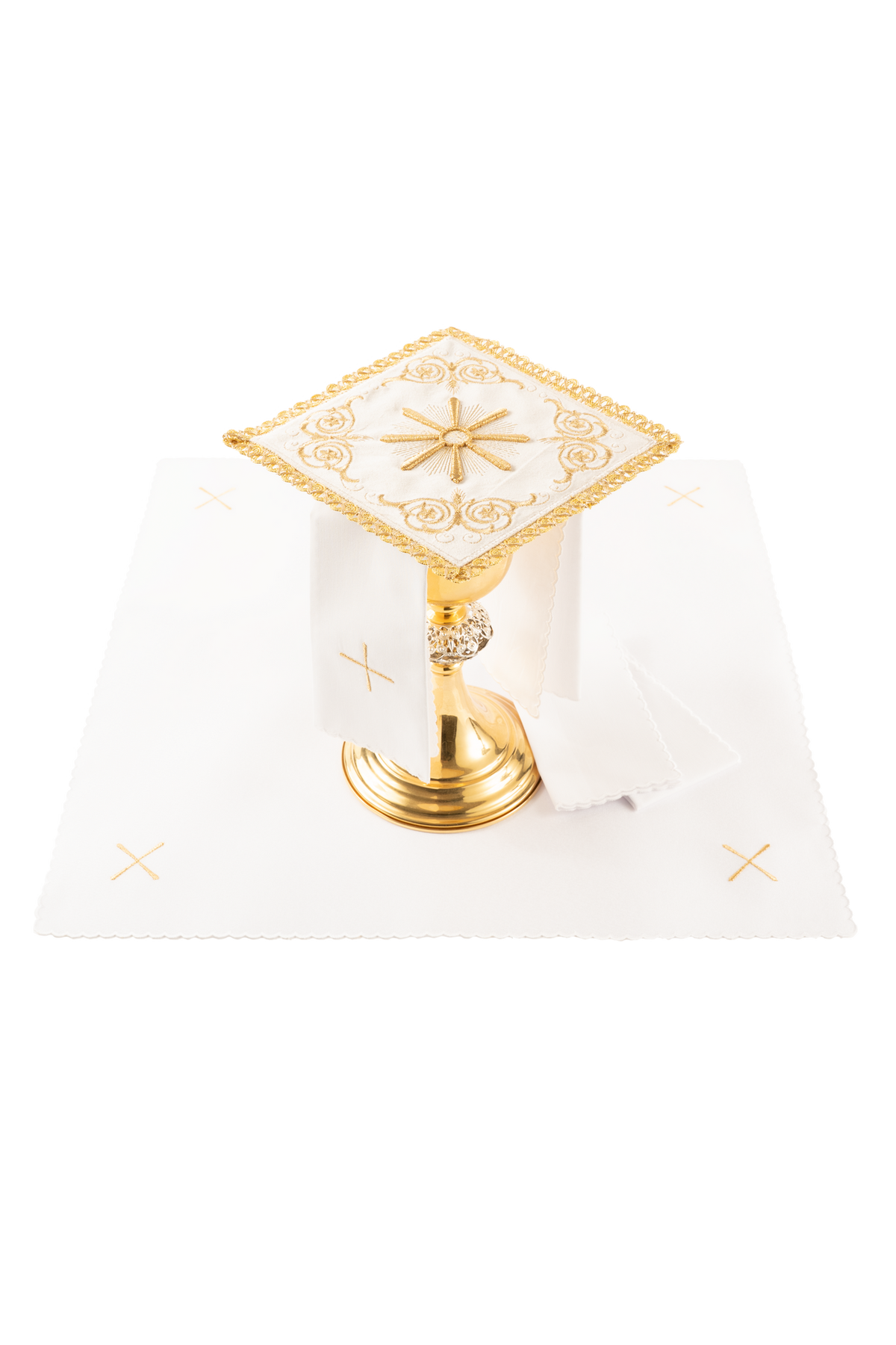 Conjunto de alfaias litúrgicas creme com bordado do sol eucarístico, vista frontal