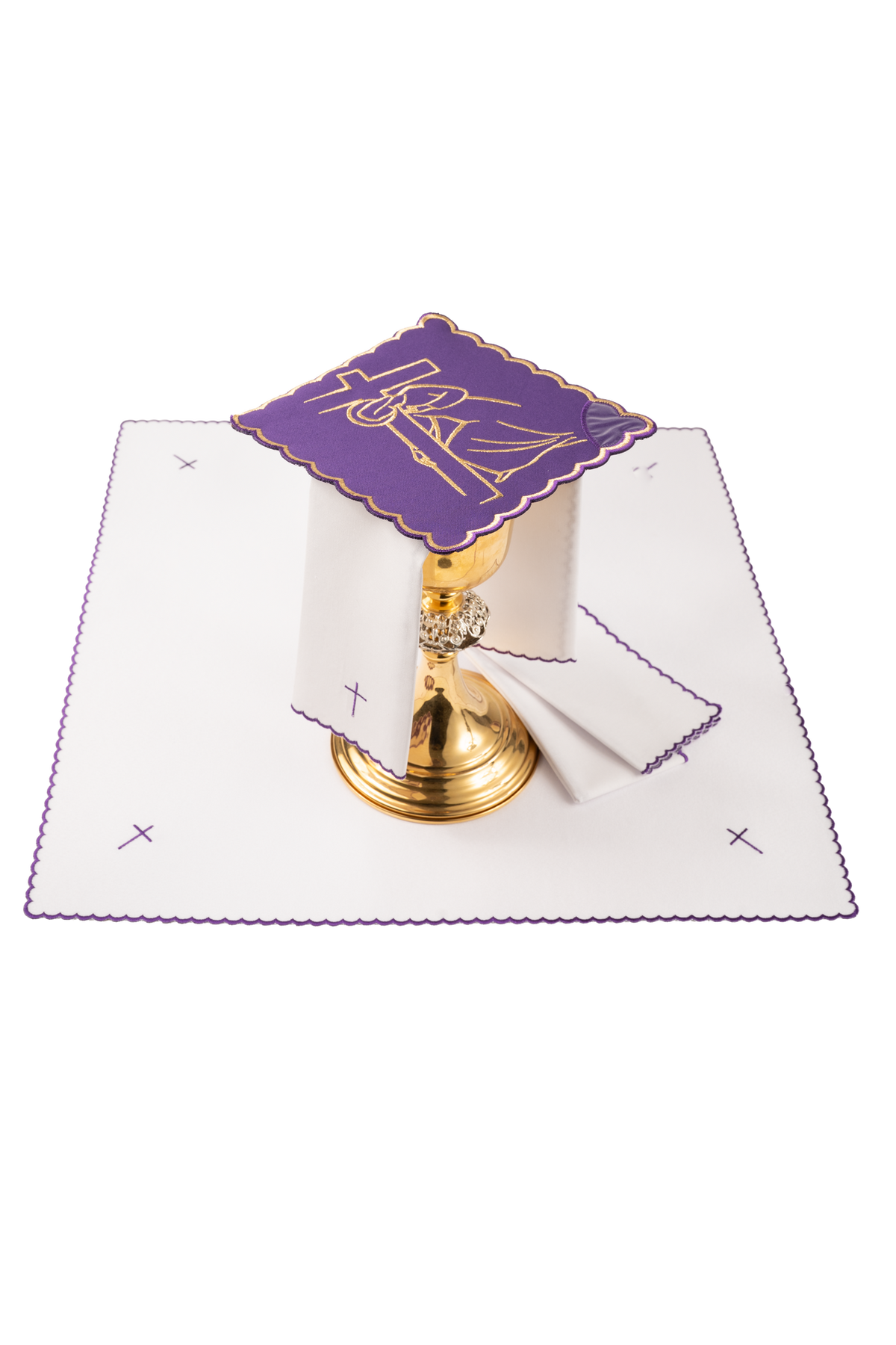 Conjunto de alfaias litúrgicas bordado Via Sacra, em branco e roxo, com bordado dourado