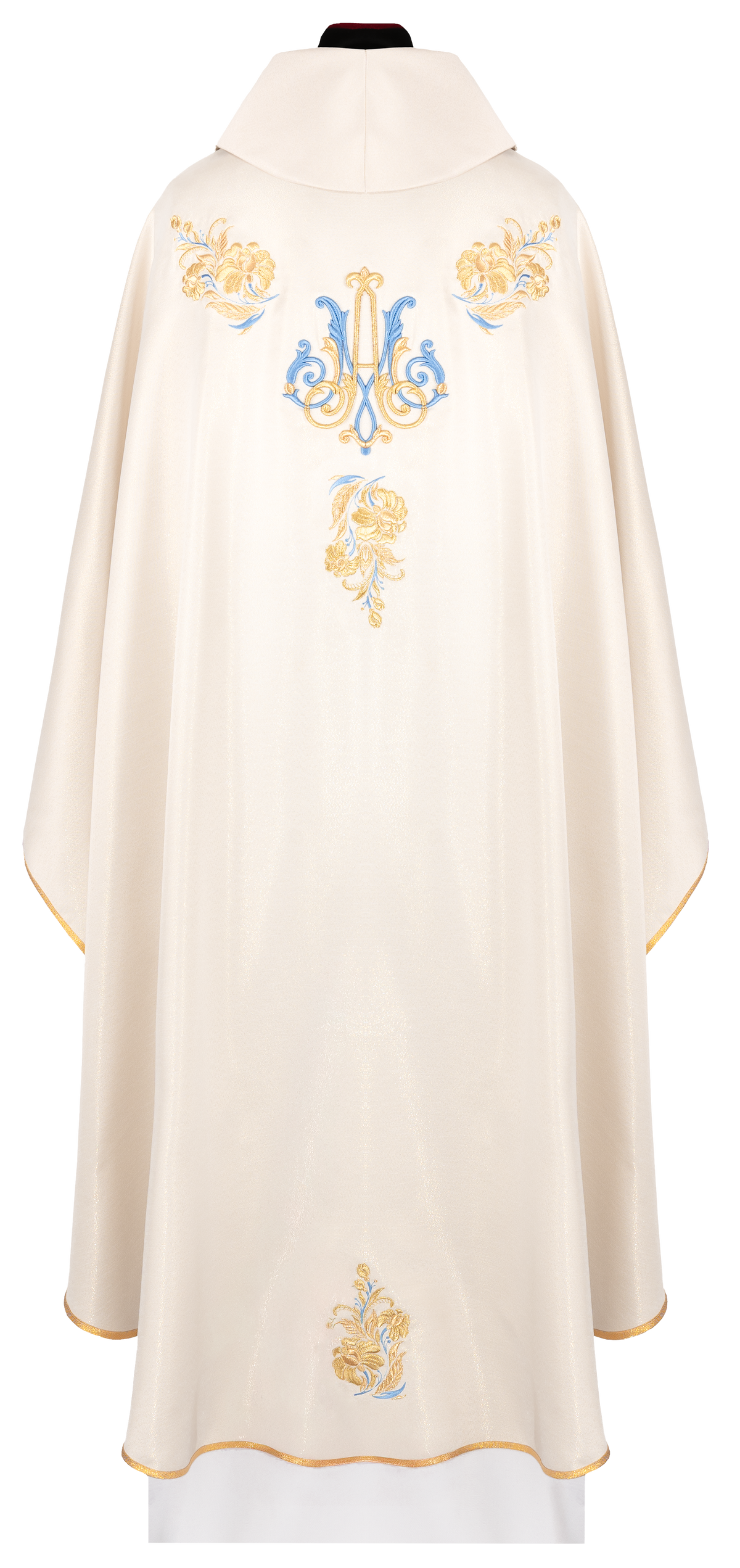 Casula creme bordada, vista traseira com monograma mariano e flores em azul e dourado