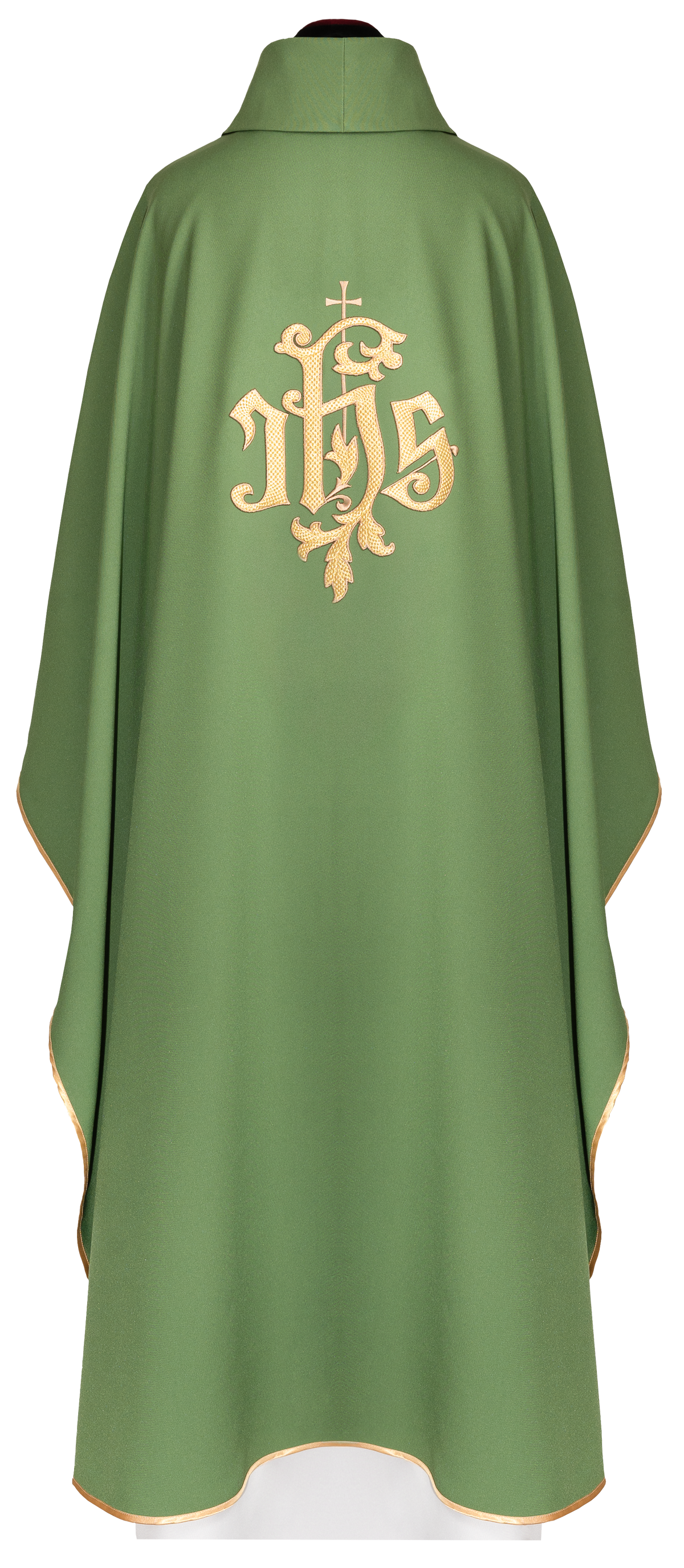 Casula verde com monograma IHS dourado, vista posterior com acabamento dourado