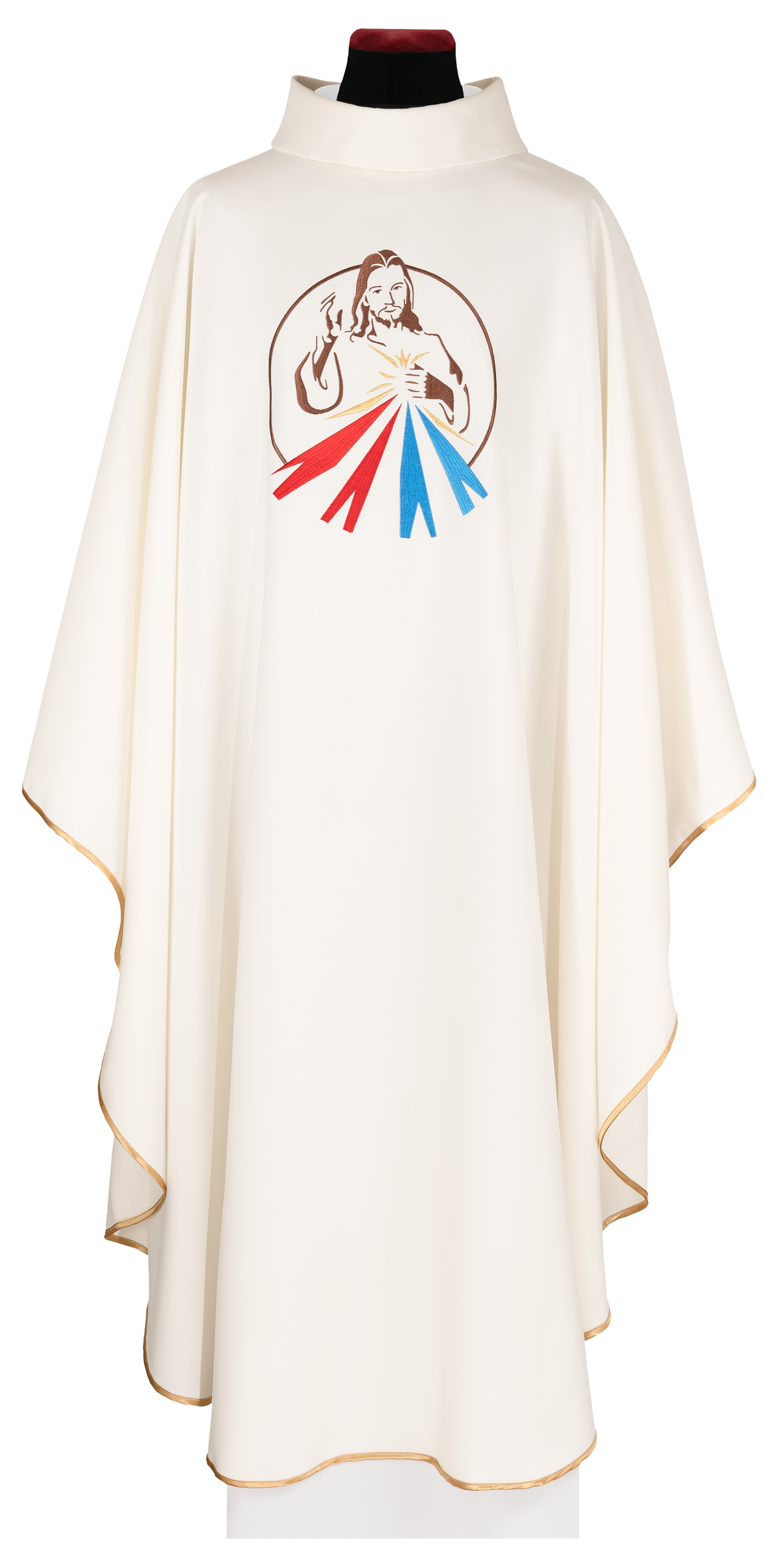 Casula creme com imagem de Jesus Misericordioso, vista frontal com borda dourada