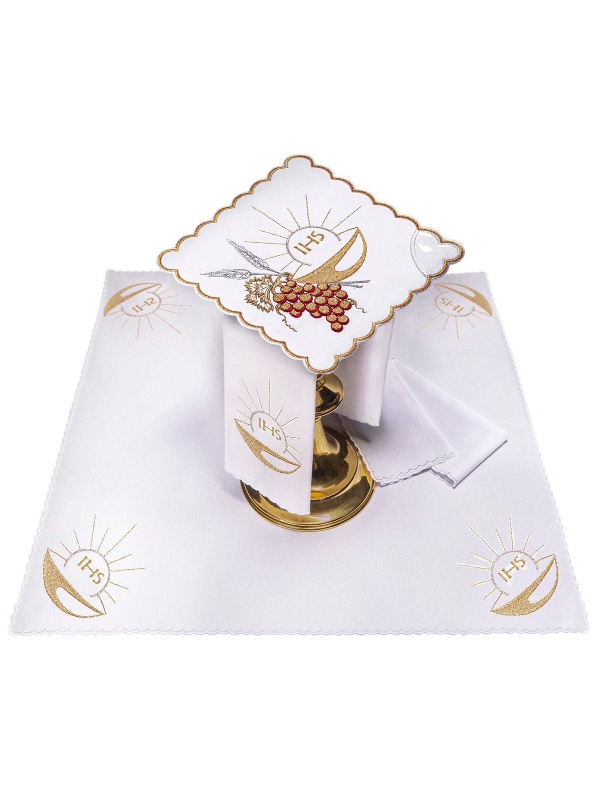 Conjunto de alfaias litúrgicas com bordado de cálice eucarístico, branco, com hóstia, uvas e acabamento dourado
