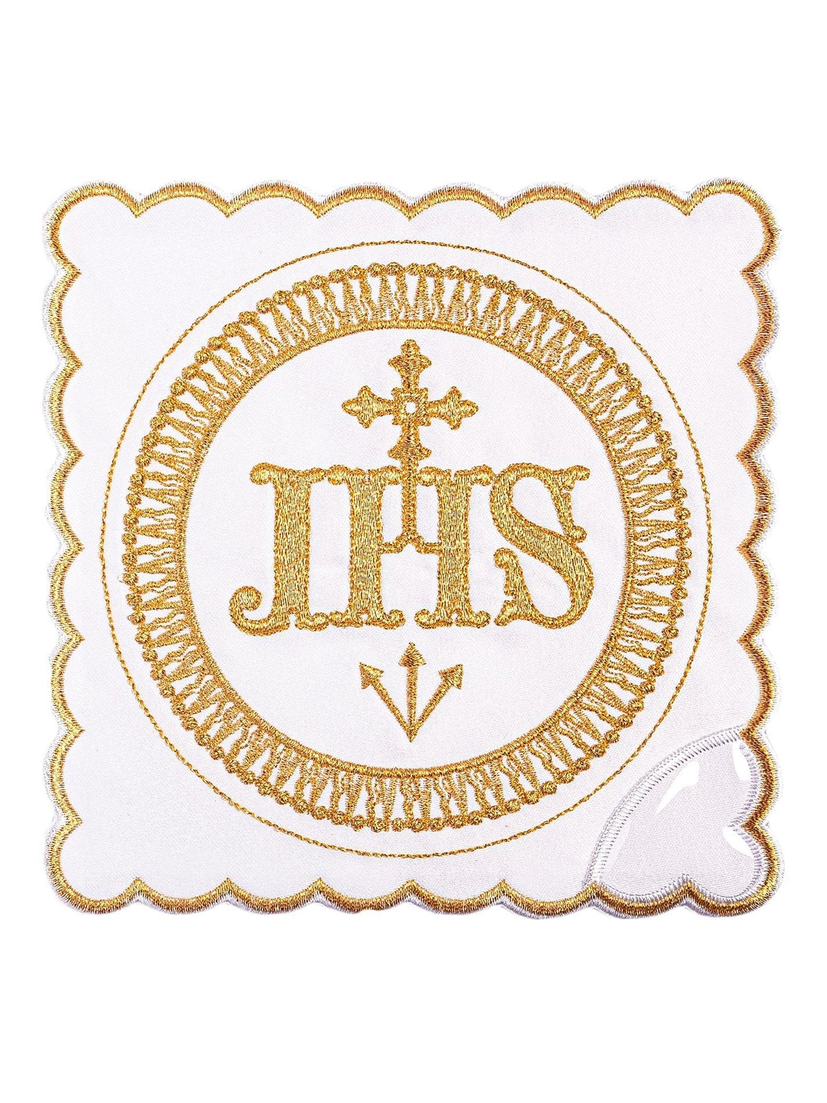 Alfaia litúrgica com IHS dourado, vista frontal do medalhão circular e acabamento recortado