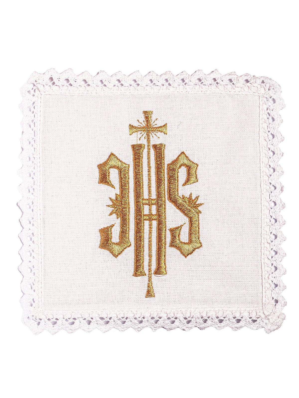 Alfaias litúrgicas brancas com bordado IHS dourado e borda de renda, vista superior