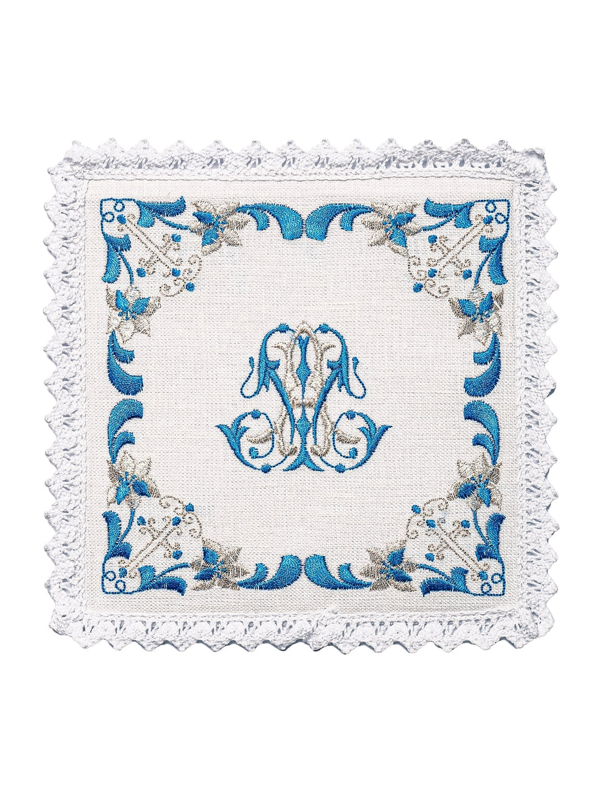 Alfaias litúrgicas em linho, detalhe frontal do bordado mariano azul com moldura ornamental