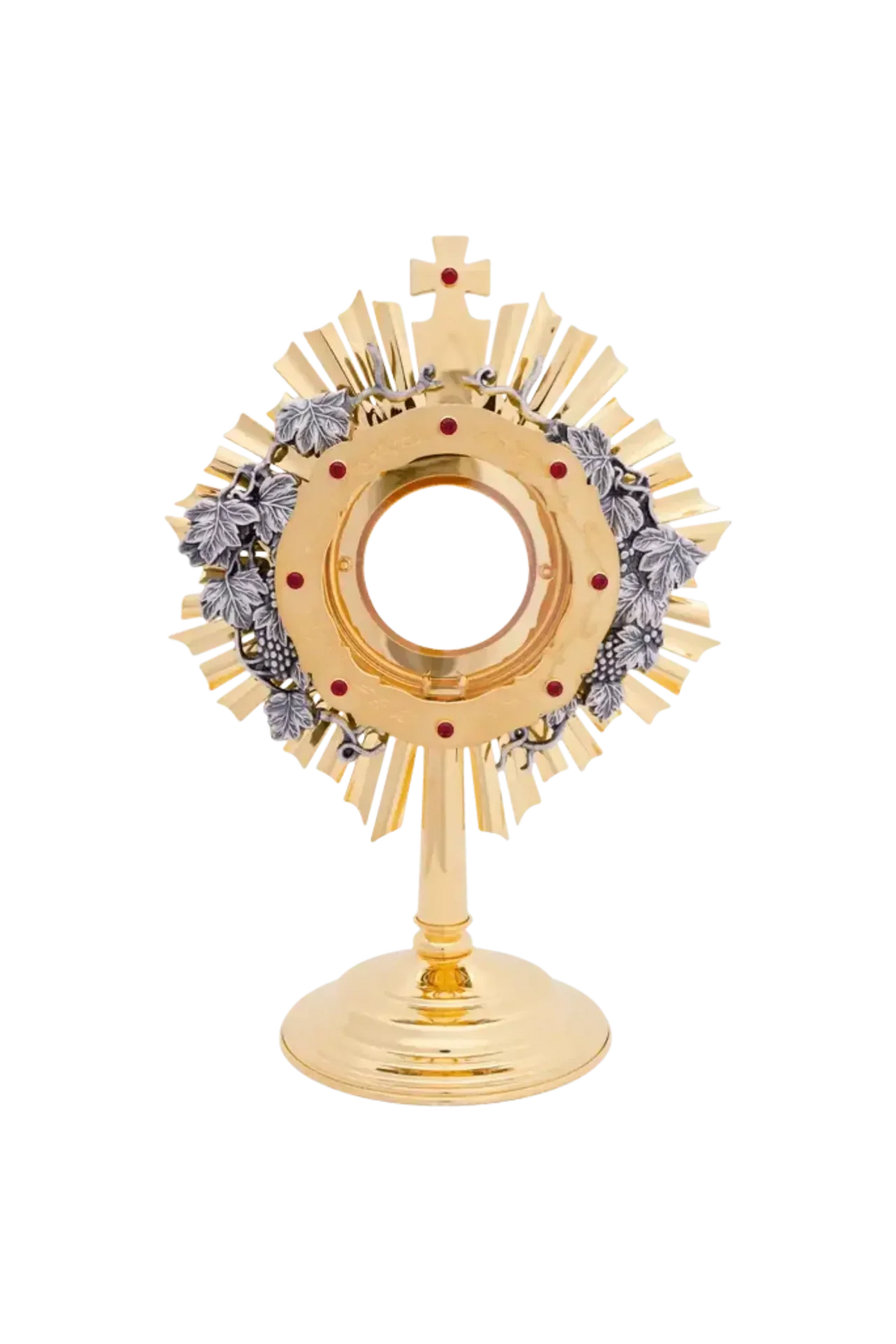 Ostensório artesanal de latão banhado a ouro, vista frontal com raios, cruz, uvas e folhas decorativas