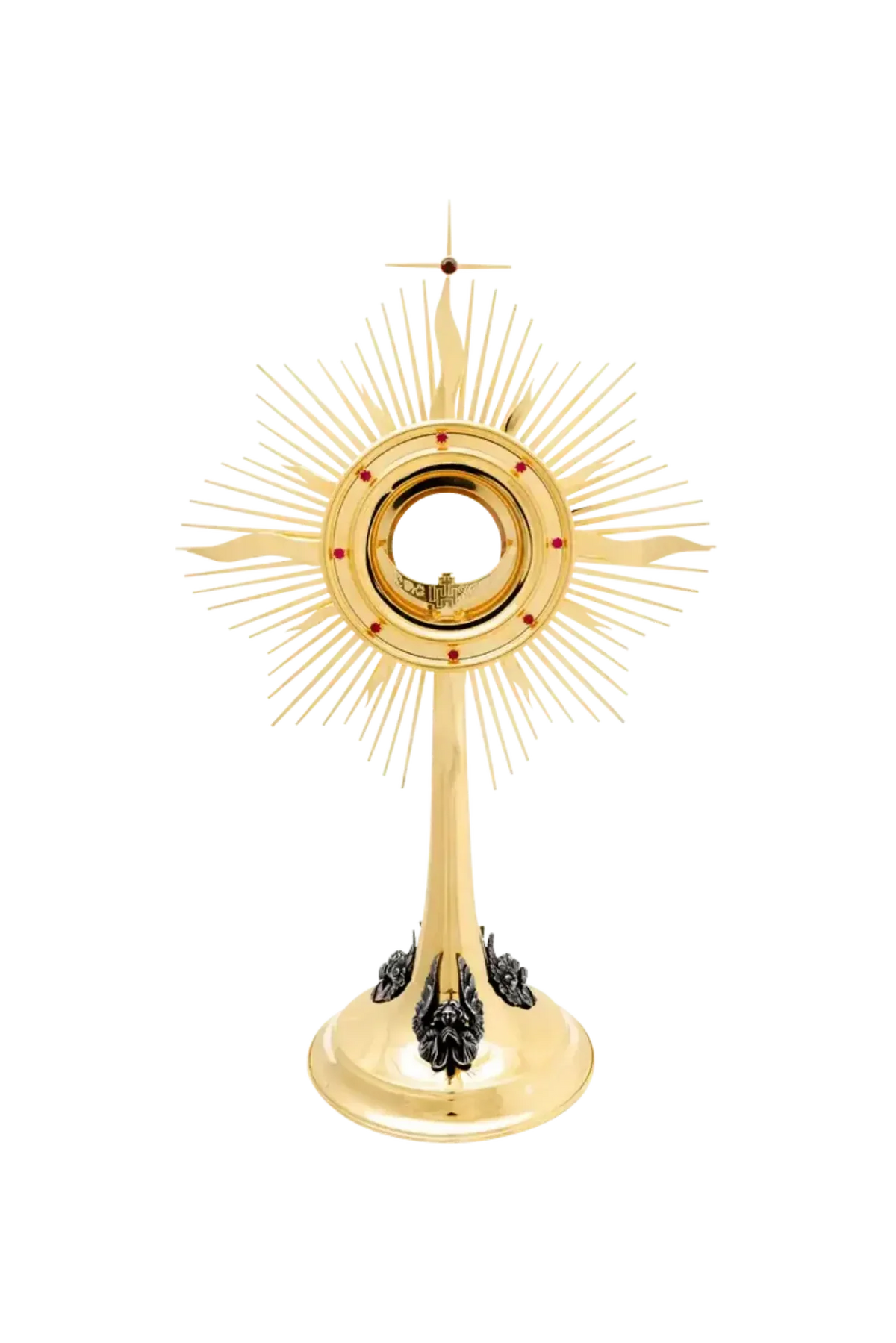 Ostensório litúrgico radiante dourado 53 cm visto de frente, com raios, cruz superior e detalhes escuros na base