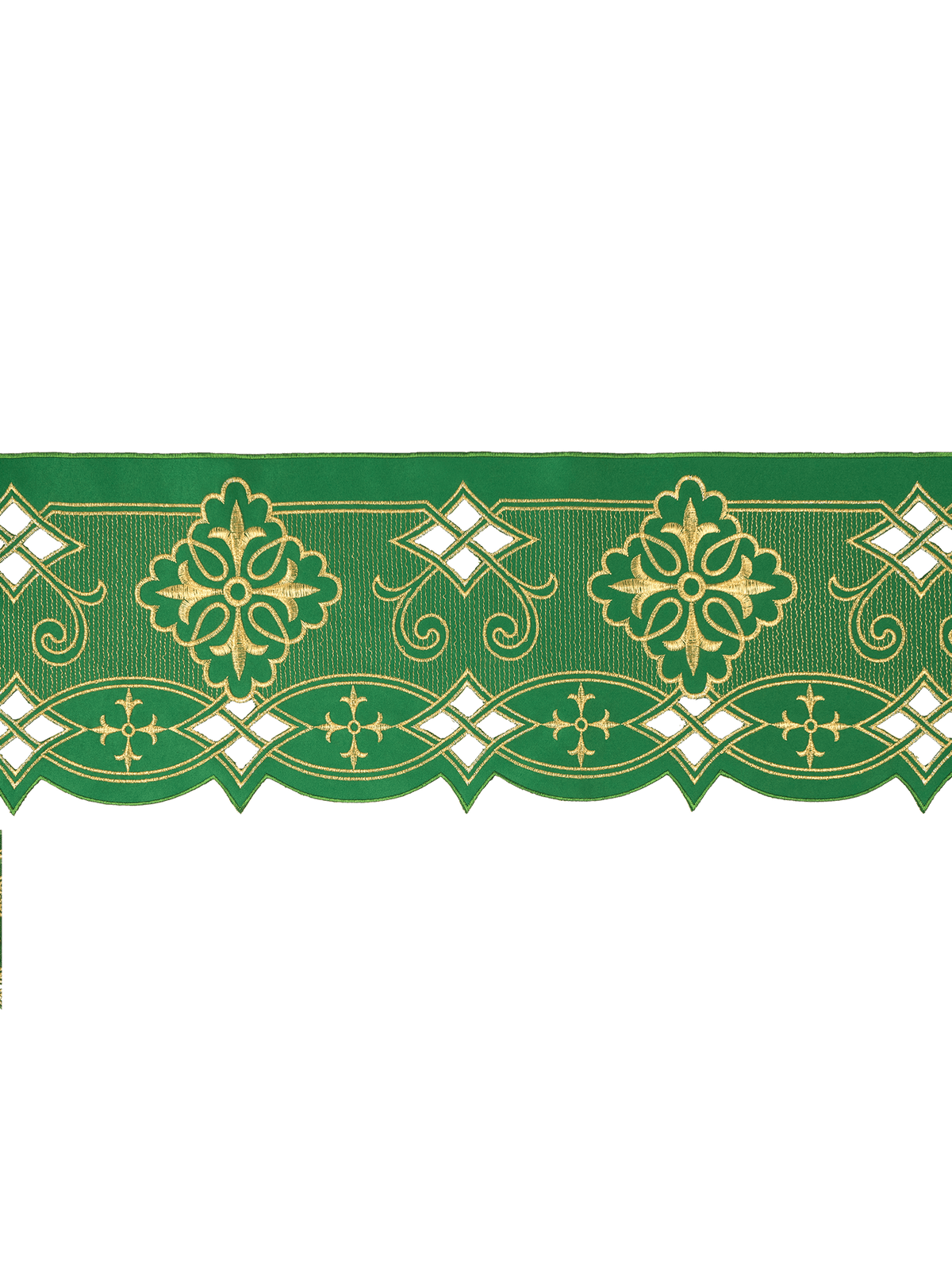 Tecido para toalha de altar, faixa verde com rosetas e arabescos dourados