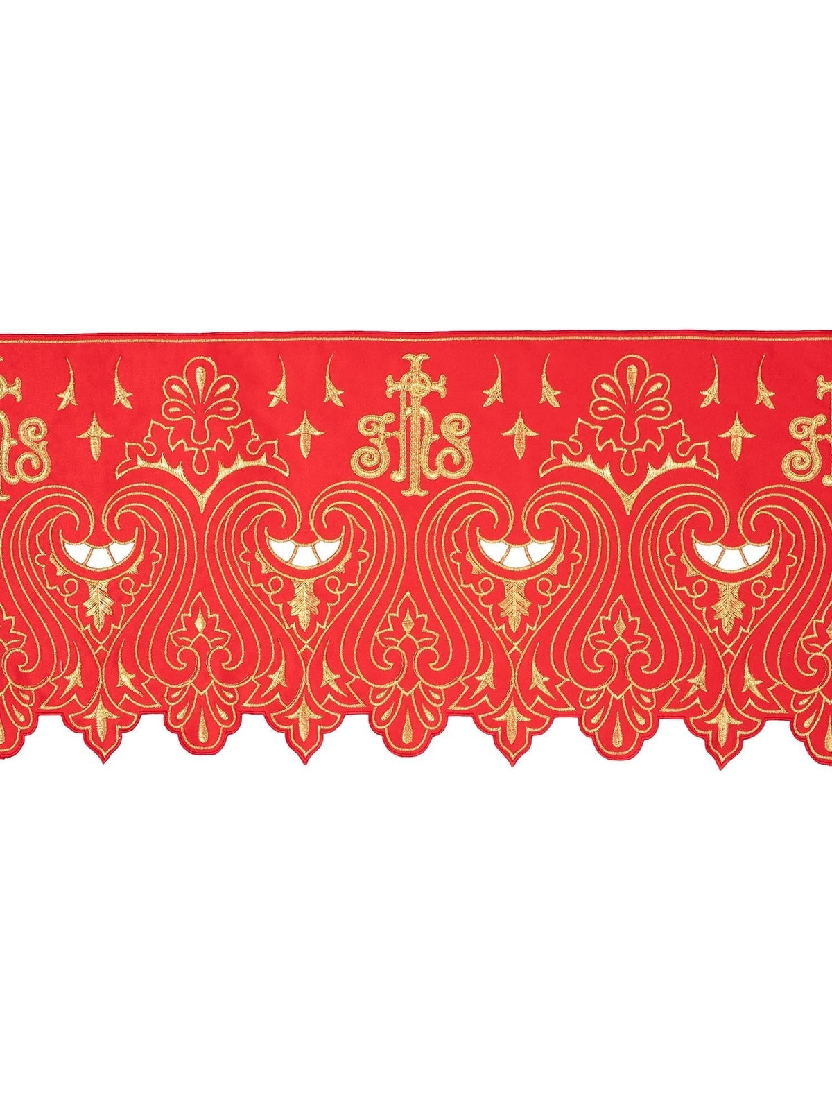 Tecido a metro para toalha de altar com bordado frontal monograma IHS vermelho, vista ampla com arabescos dourados