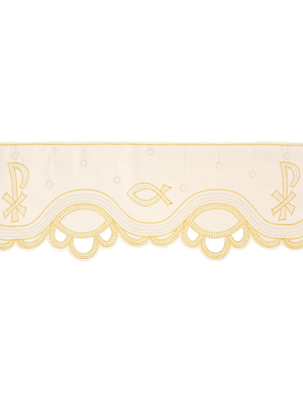 Renda PAX creme para toalha de altar, vista frontal com bordados dourados e prateados, peixes e cruzes
