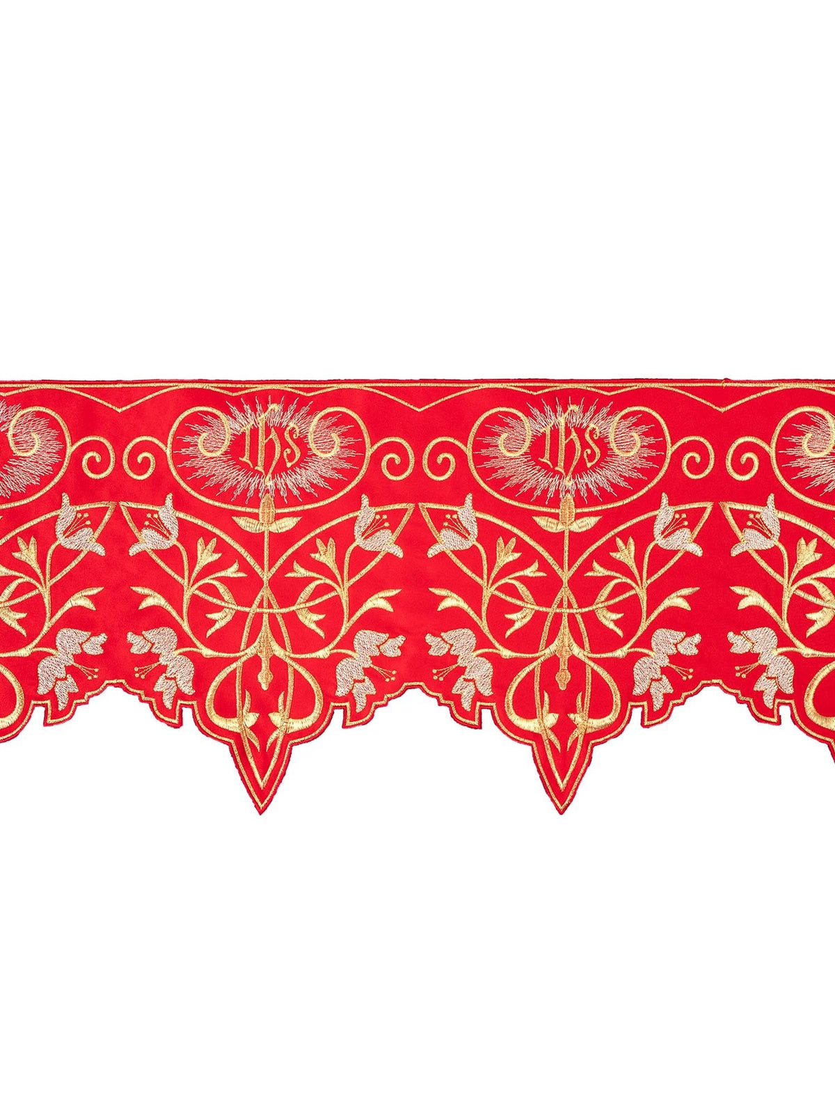 Renda para toalha de altar com monograma IHS na cor vermelha, vista frontal com bordados dourados e prateados