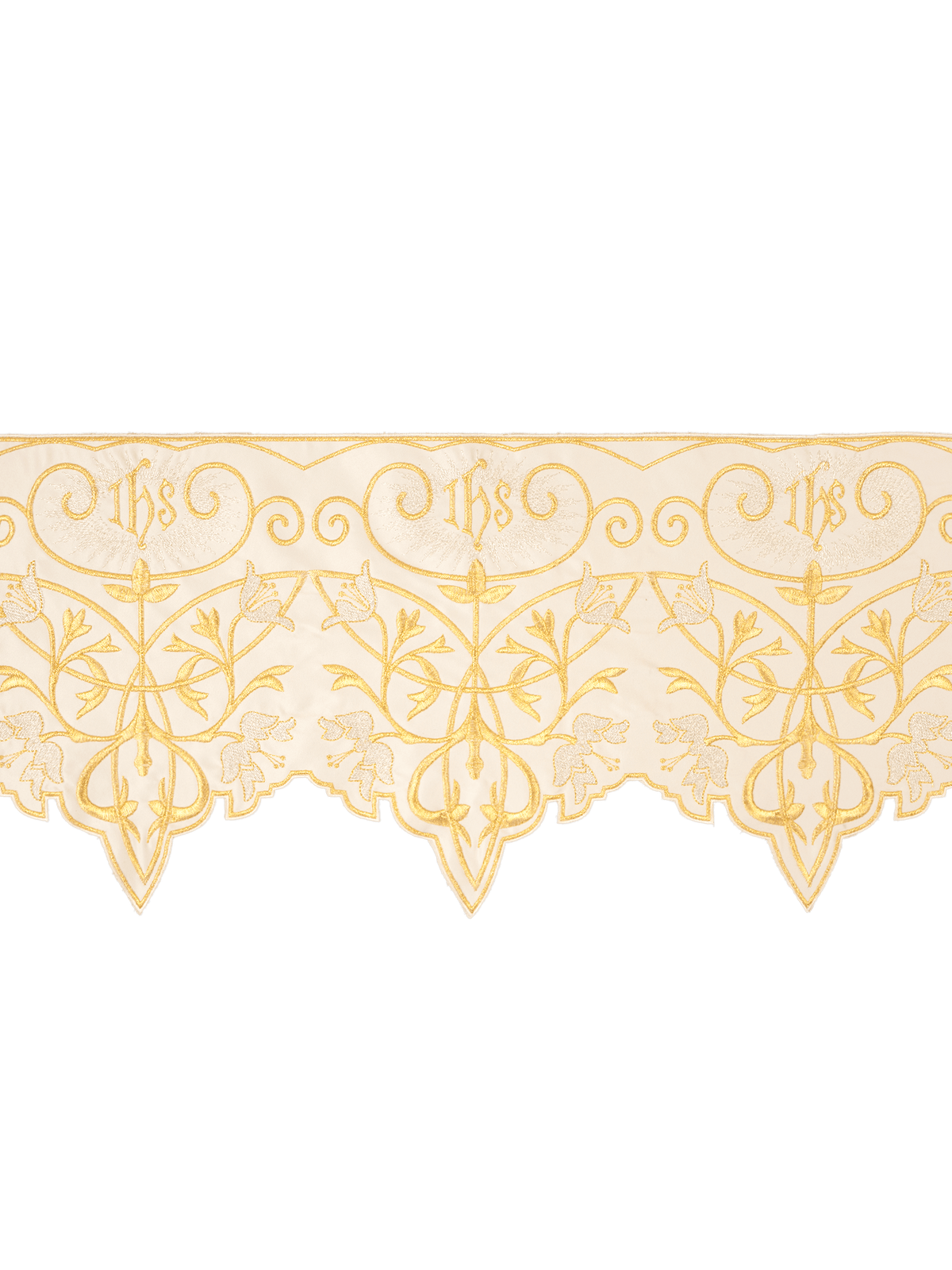 Renda para toalha de altar com monograma IHS na cor creme, vista inteira com bordado dourado e flores